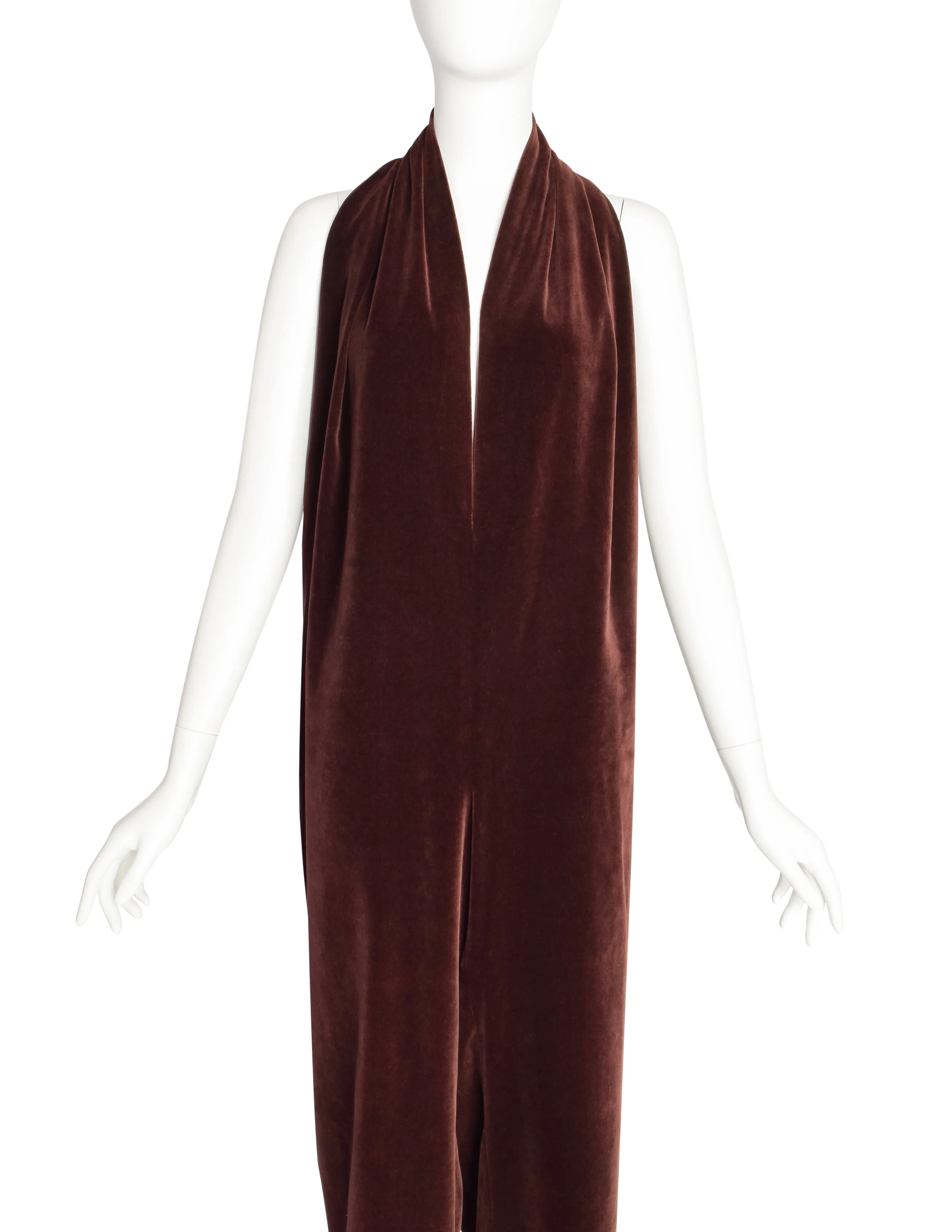 Romeo Gigli Vintage 1989 Oversized Slouchy Brown Velvet Halter Jumpsuit