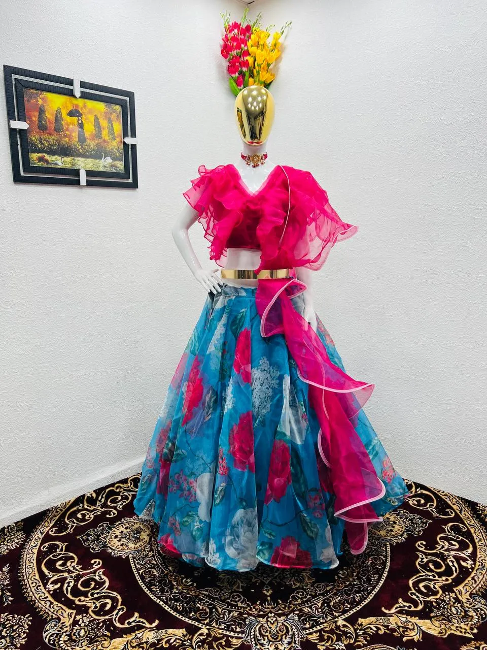 Ruffle Style Pink with Sky Blue Color Organza Lehenga Choli