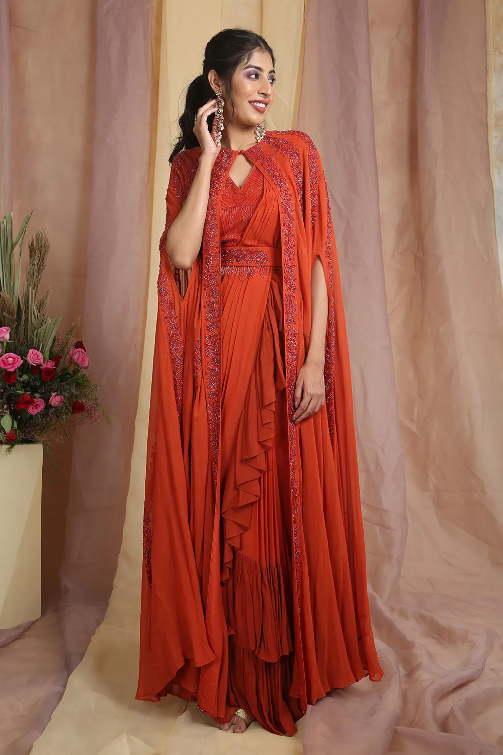 Rust Cape Drape Saree