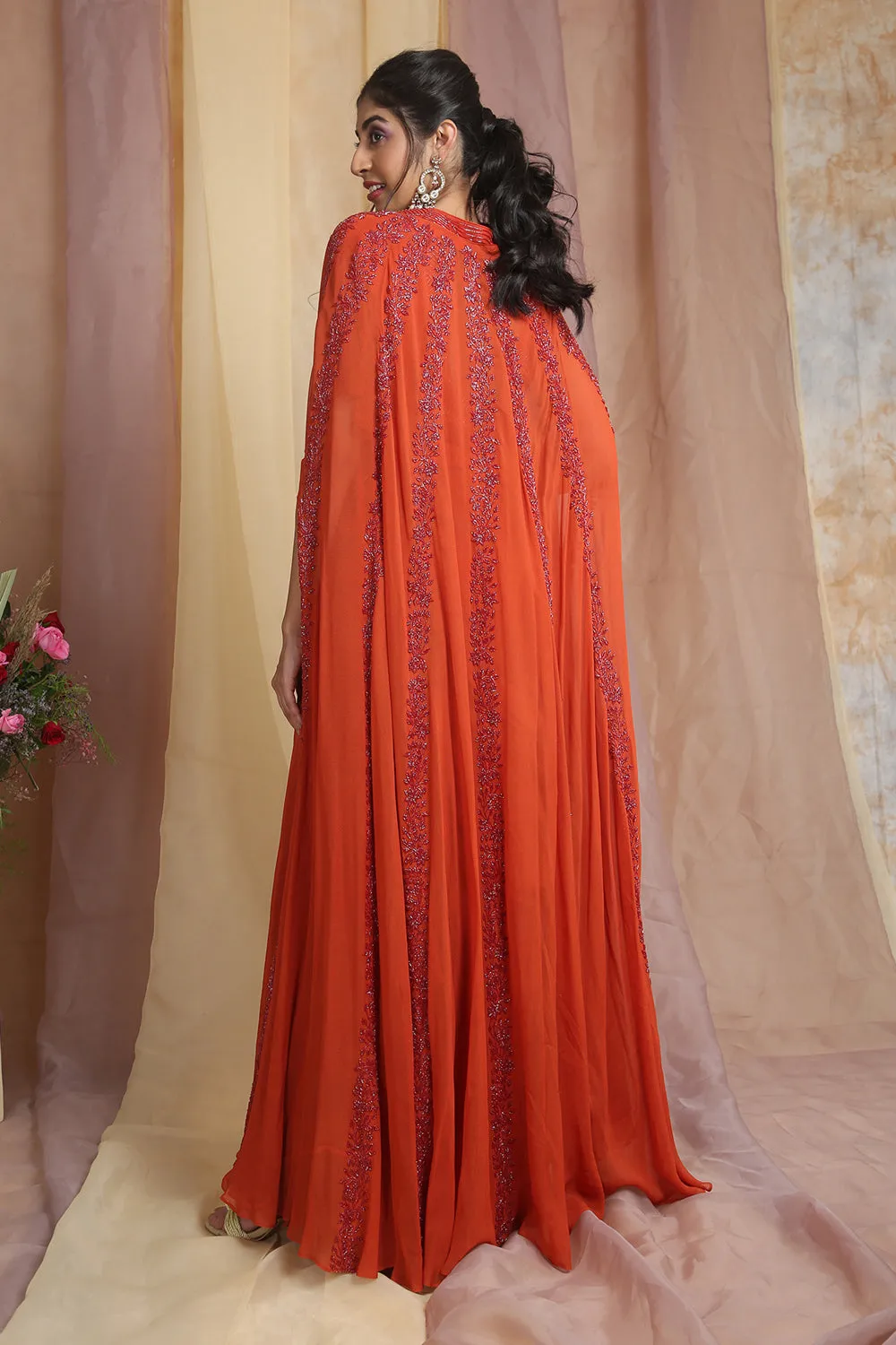 Rust Cape Drape Saree