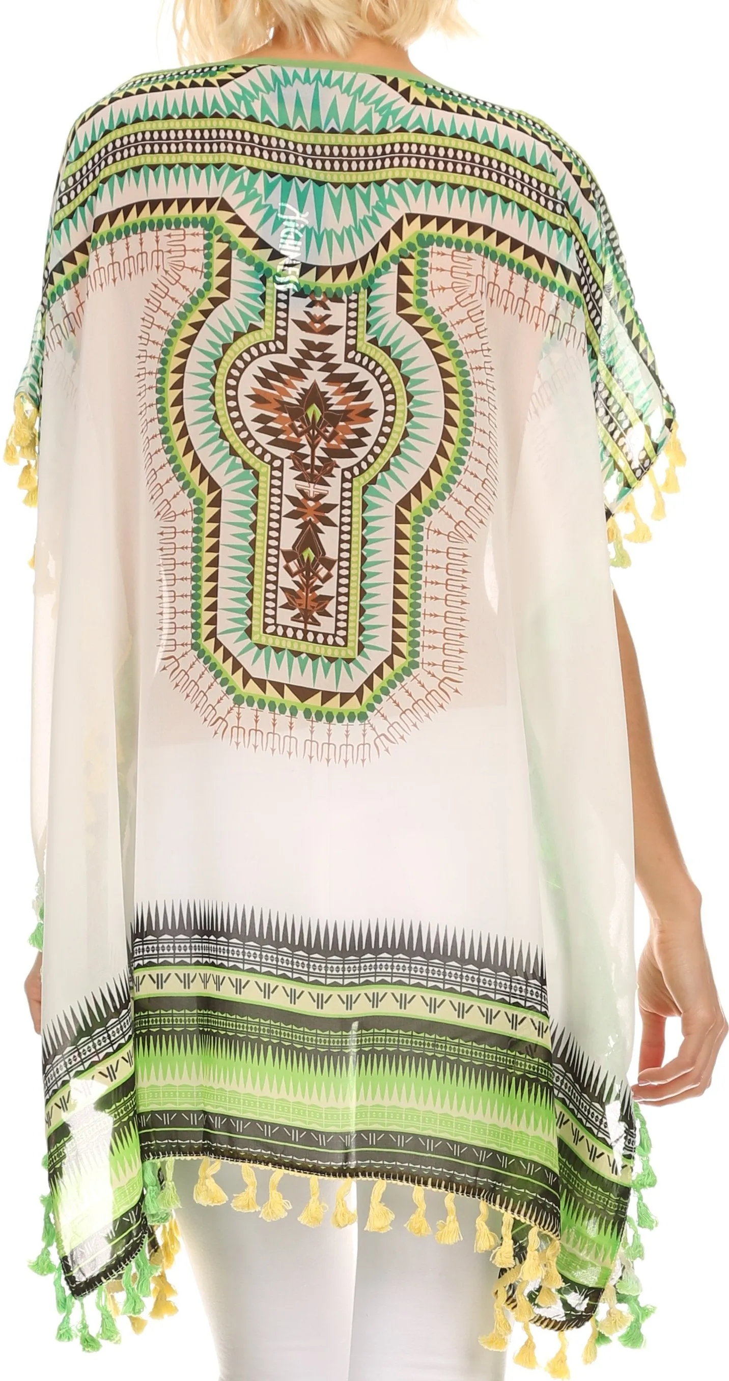 Sakkas Luiem Long Tall Wide Tribal Print Multi Colored Tassel Poncho Top Blouse