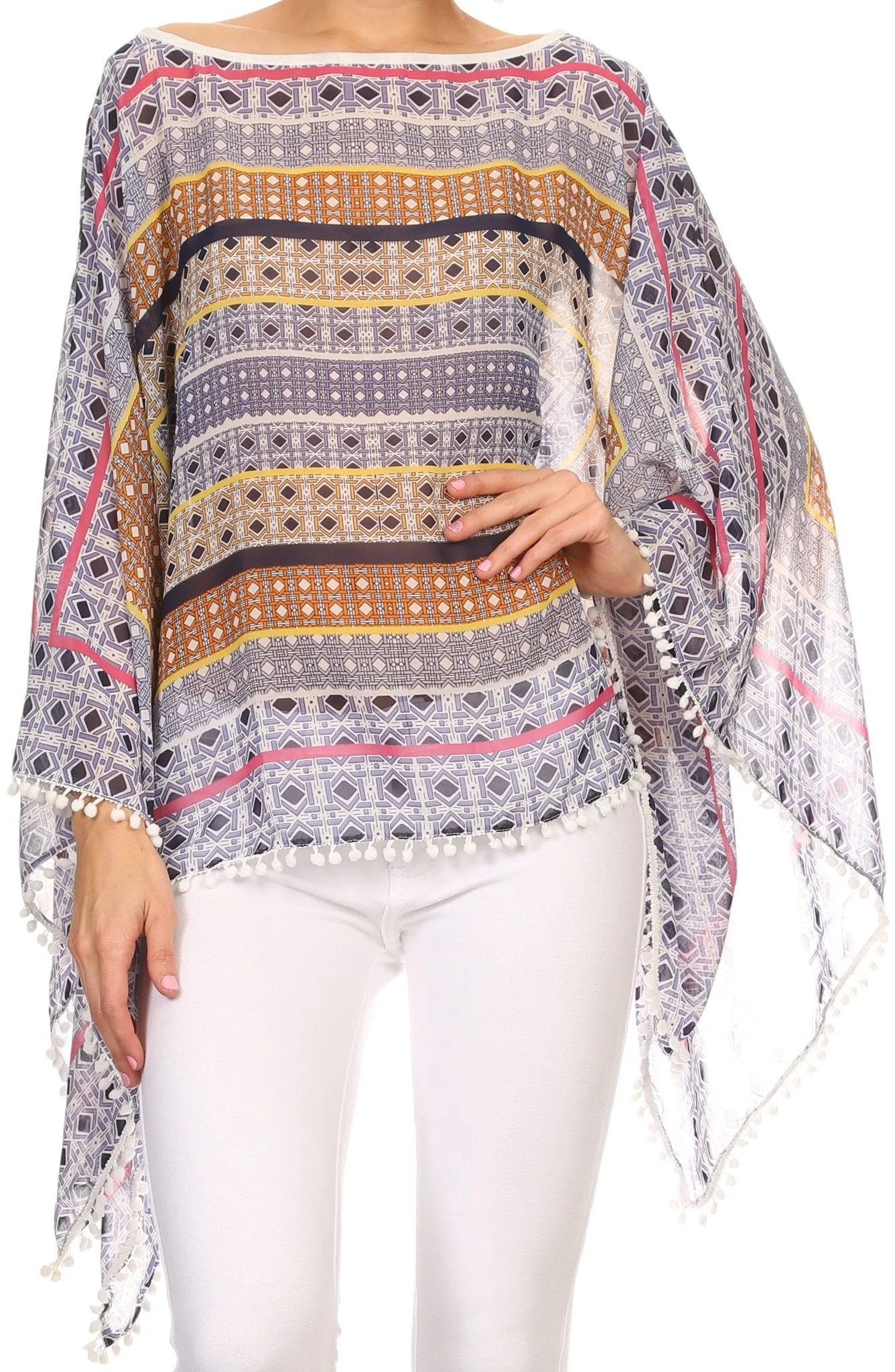 Sakkas Luiem Long Tall Wide Tribal Print Multi Colored Tassel Poncho Top Blouse