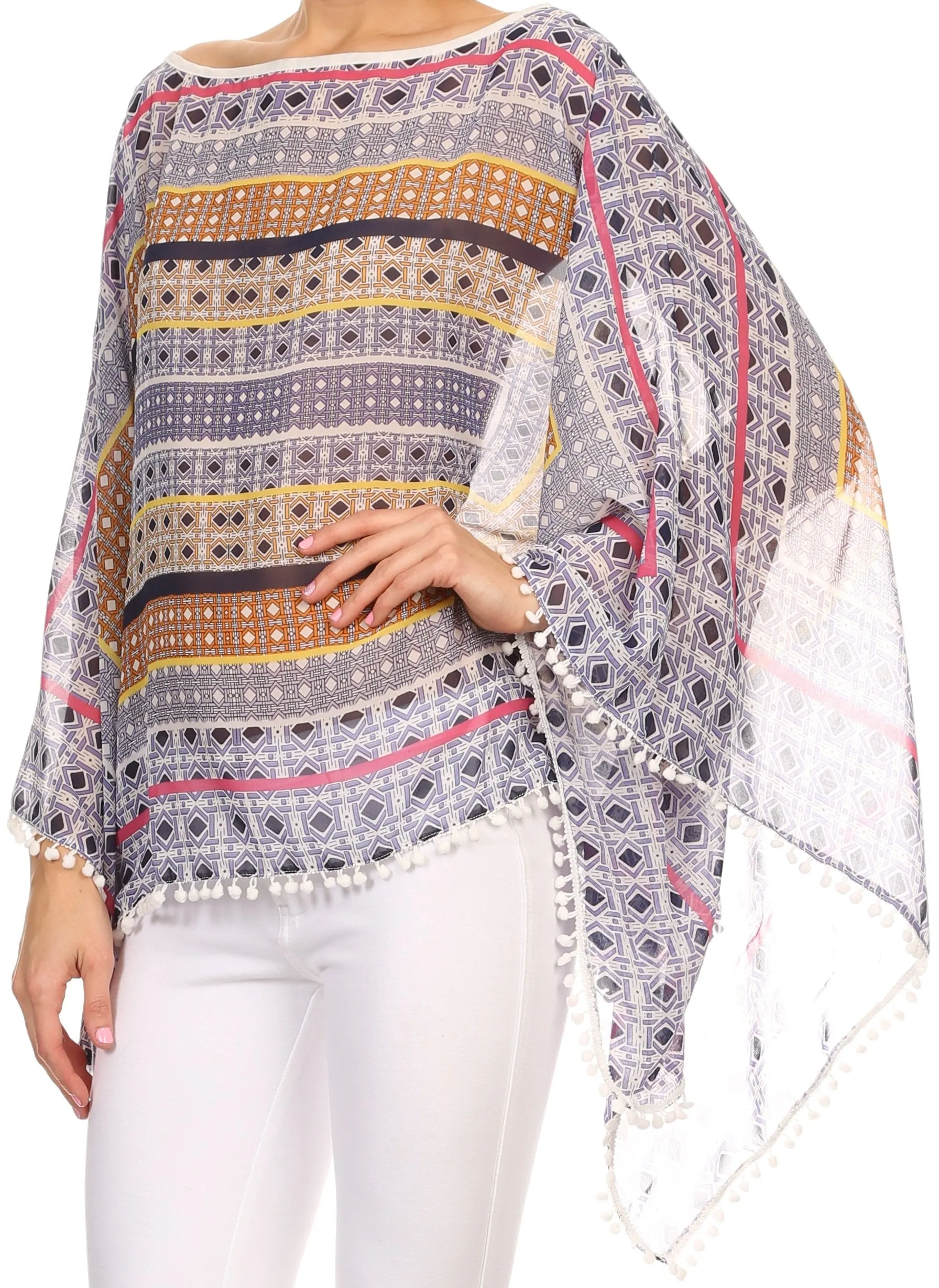 Sakkas Luiem Long Tall Wide Tribal Print Multi Colored Tassel Poncho Top Blouse