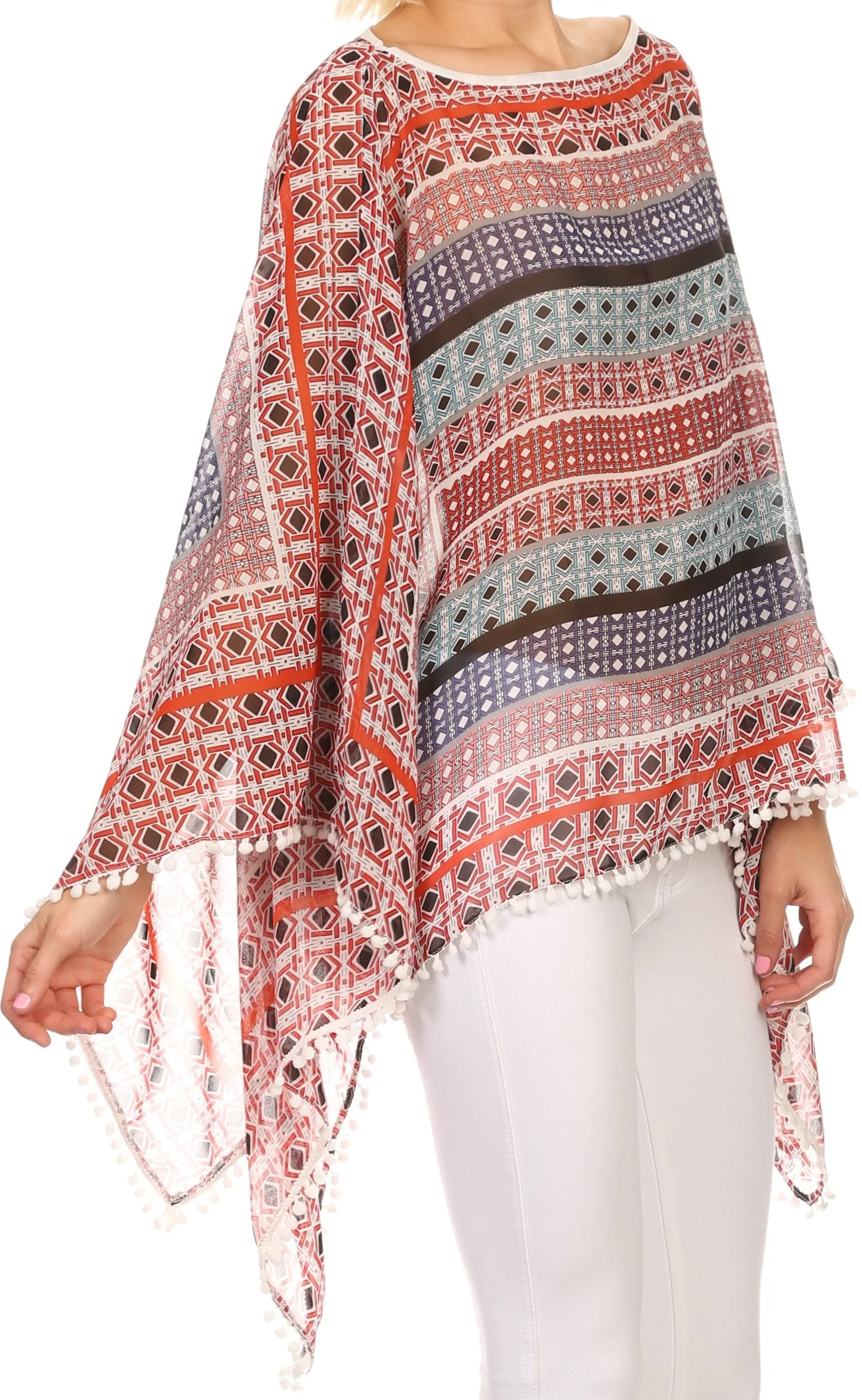 Sakkas Luiem Long Tall Wide Tribal Print Multi Colored Tassel Poncho Top Blouse