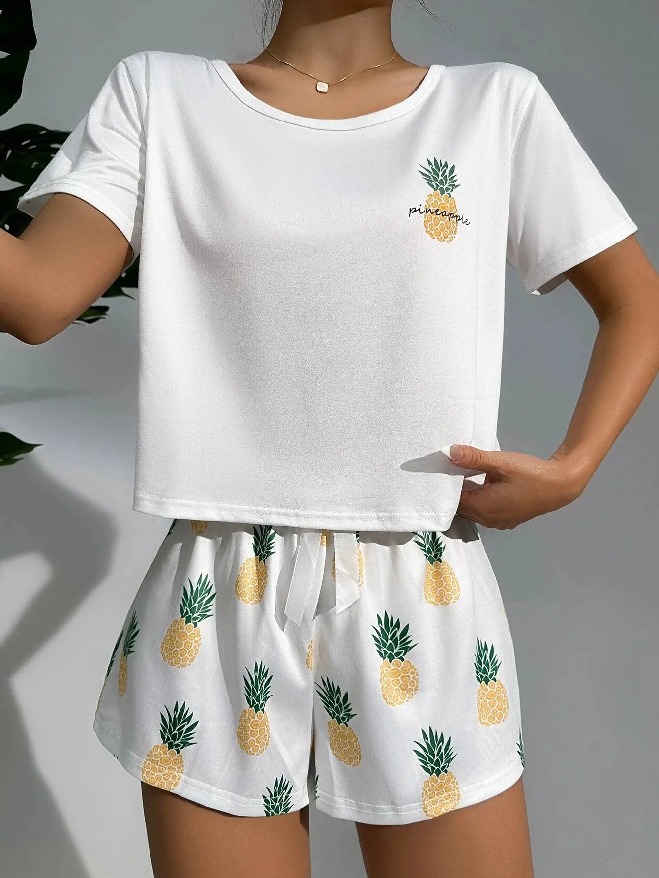 SHEIN CoupledUp Pineapple Print White Tee & Shorts PJ Set / Pajama Set