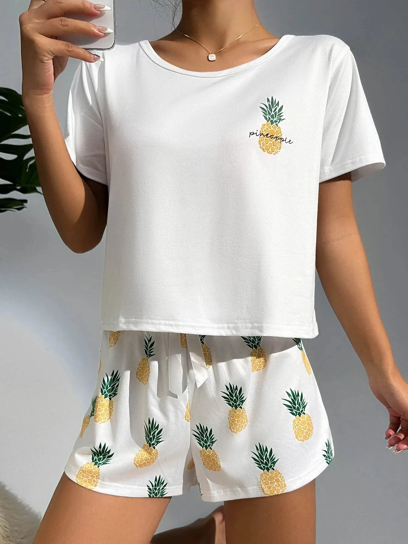 SHEIN CoupledUp Pineapple Print White Tee & Shorts PJ Set / Pajama Set