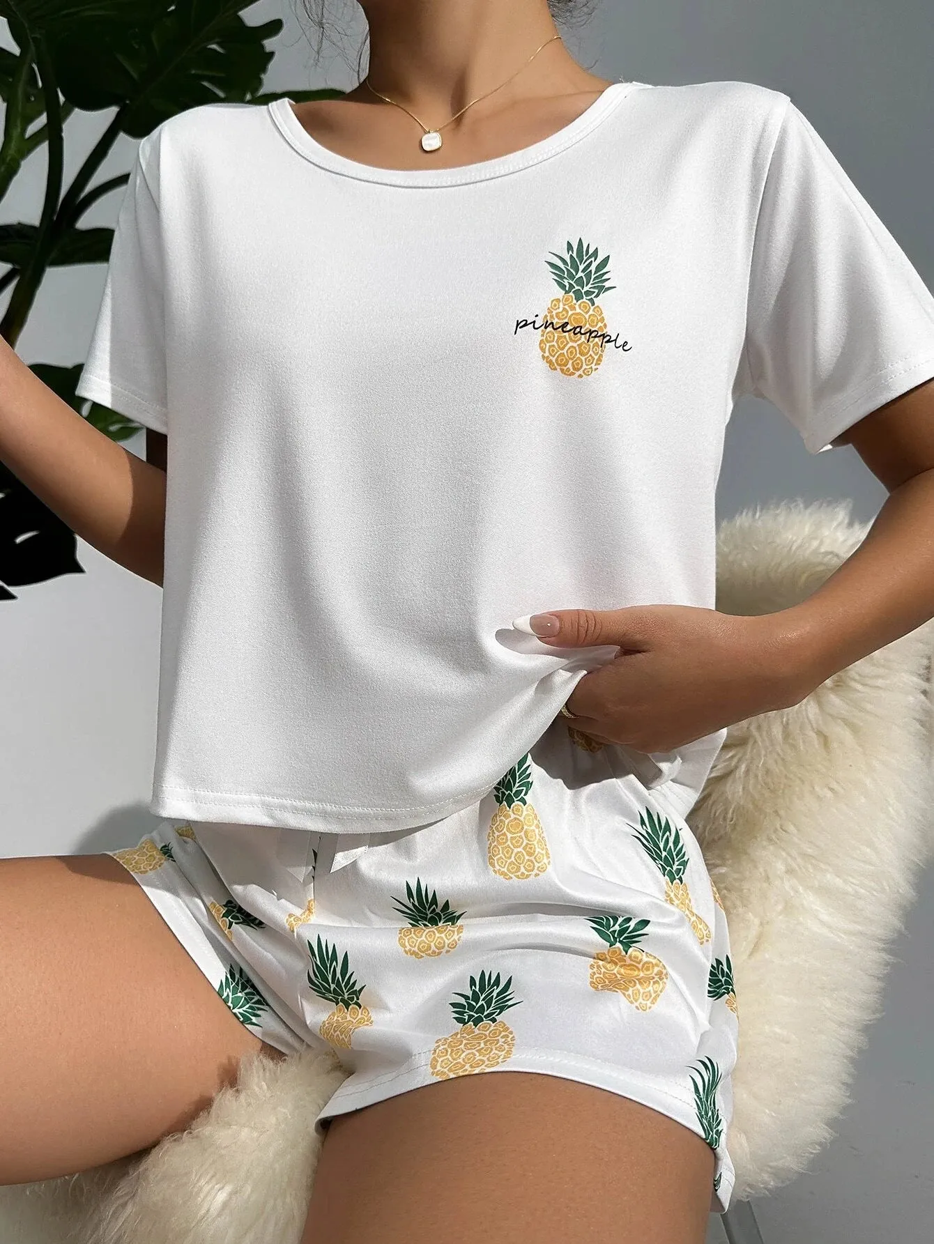 SHEIN CoupledUp Pineapple Print White Tee & Shorts PJ Set / Pajama Set