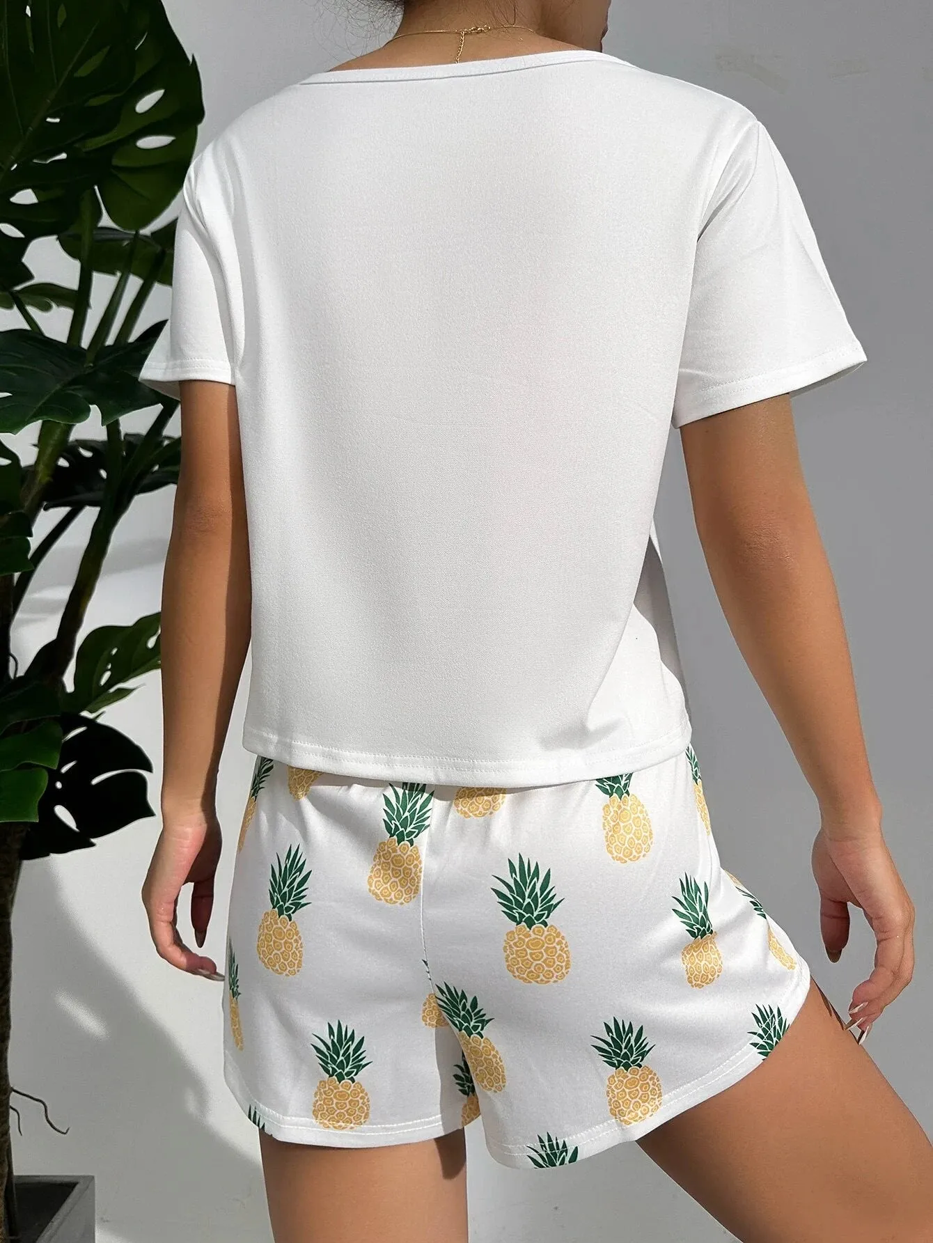 SHEIN CoupledUp Pineapple Print White Tee & Shorts PJ Set / Pajama Set