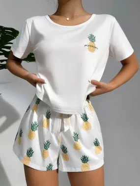 SHEIN CoupledUp Pineapple Print White Tee & Shorts PJ Set / Pajama Set