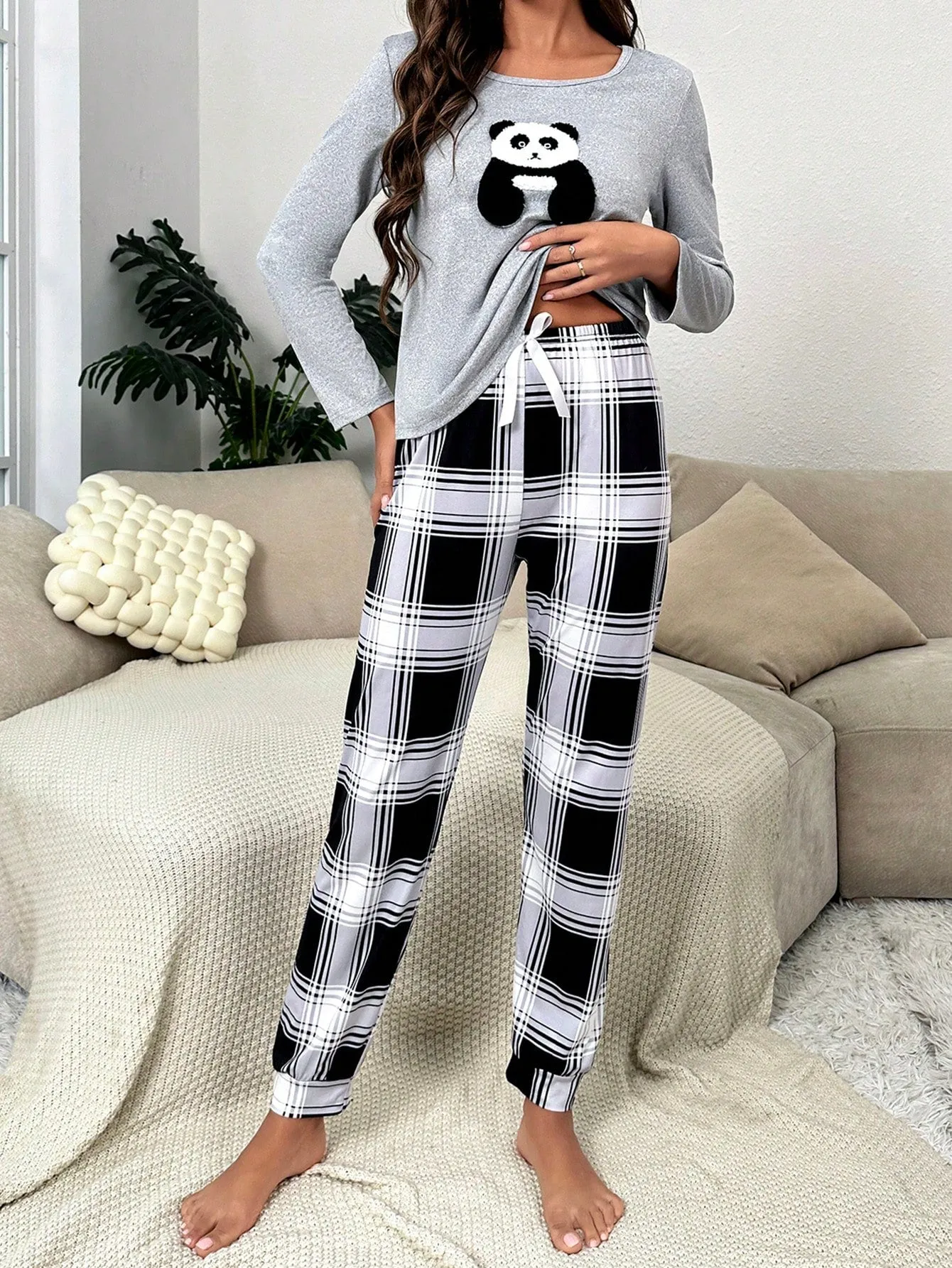 SHEIN Panda Embroidery Tee & Plaid Print Pants PJ Set