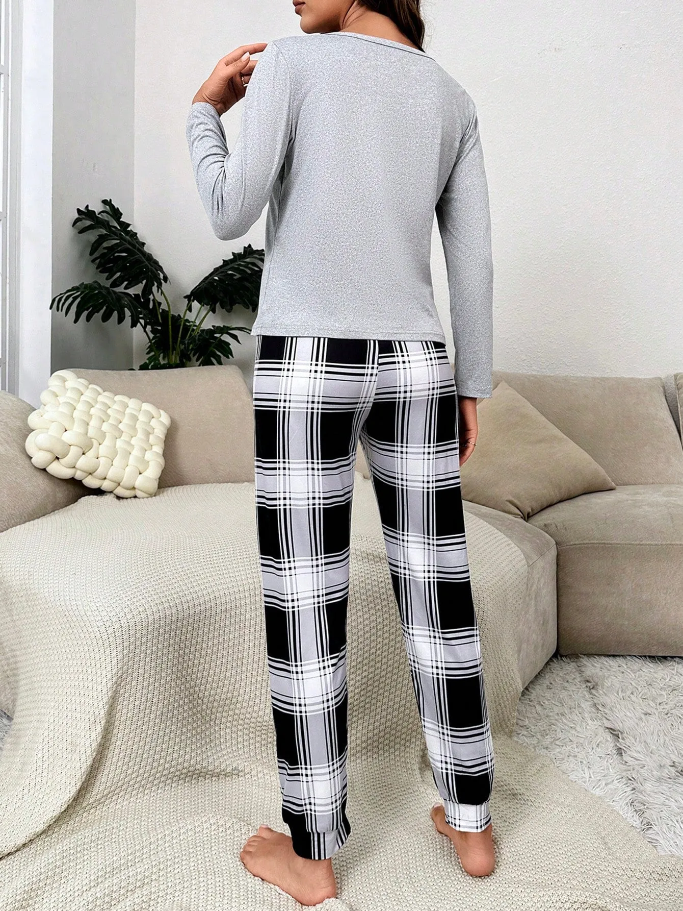 SHEIN Panda Embroidery Tee & Plaid Print Pants PJ Set