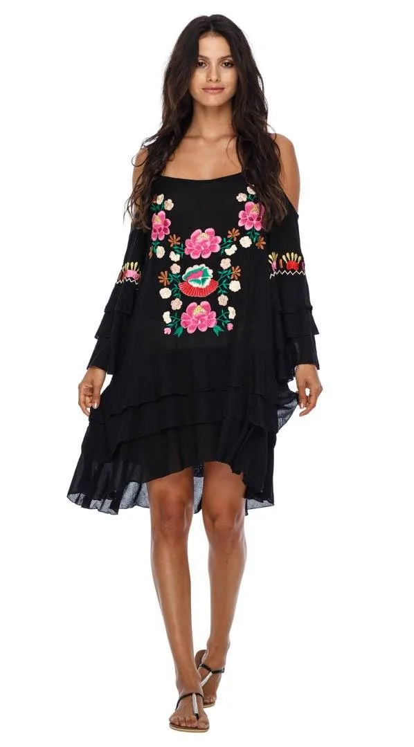 SHU-SHI Women's Bohemian Cold Shoulder Embroidered Tunic Dress - Casual Bell Sleeve Swimsuit Cover Up Short Dress