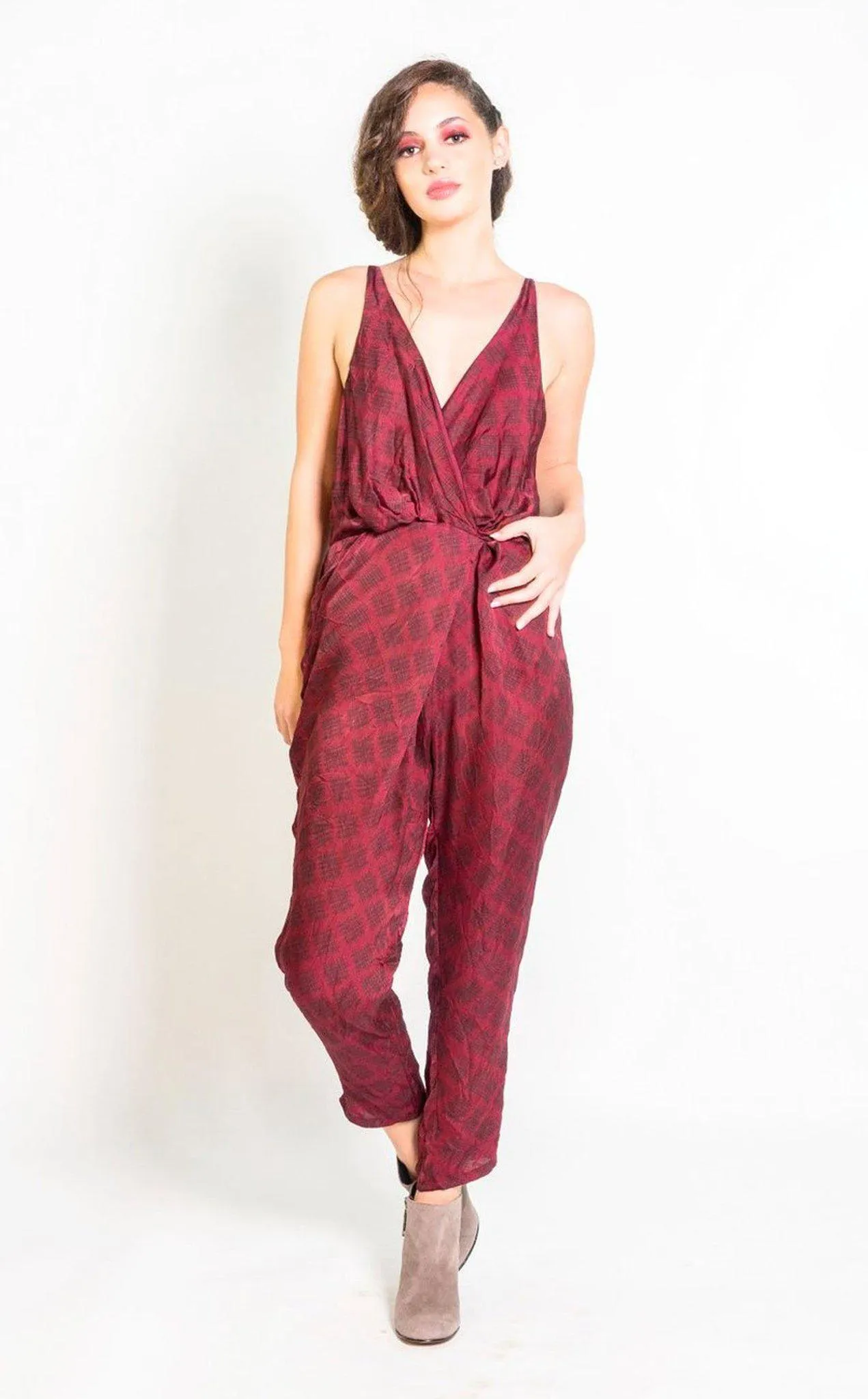 Silky Strappy Jumpsuit in Berry & Black Sketched Plaid