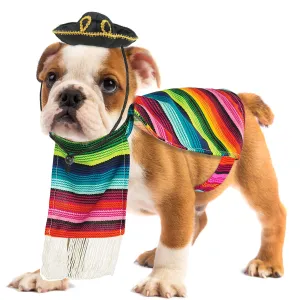 Skeleteen Mexican Serape Dog Costume - Cinco de Mayo Poncho and Sombrero Costumes for Pets