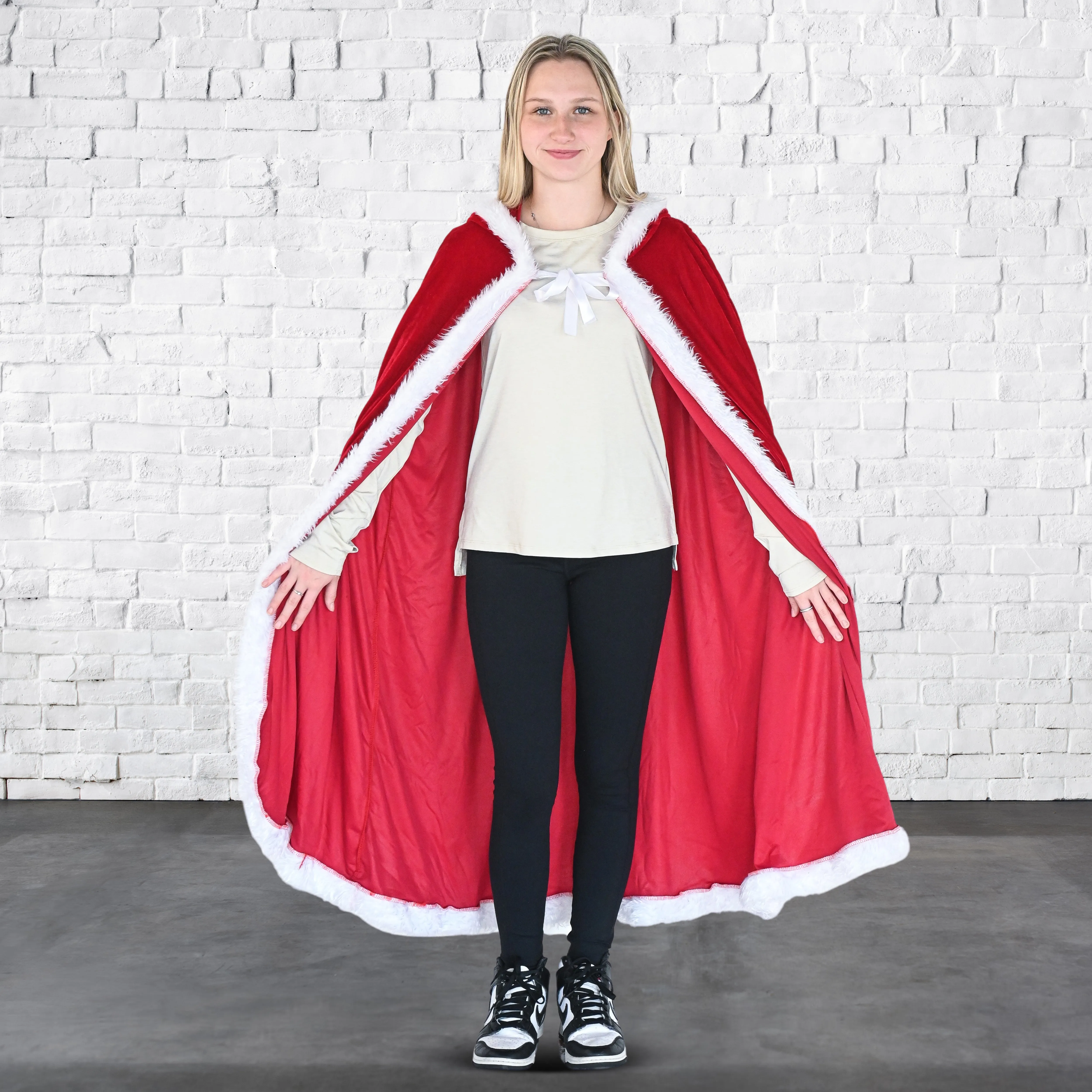 Skeleteen Red Velvet Santa Cape - Long Red Velour Hooded Cloak with White Fur Trimming Christmas Holiday Santa Claus and Mrs Claus Costume Robe with Hood - For Adults and Kids