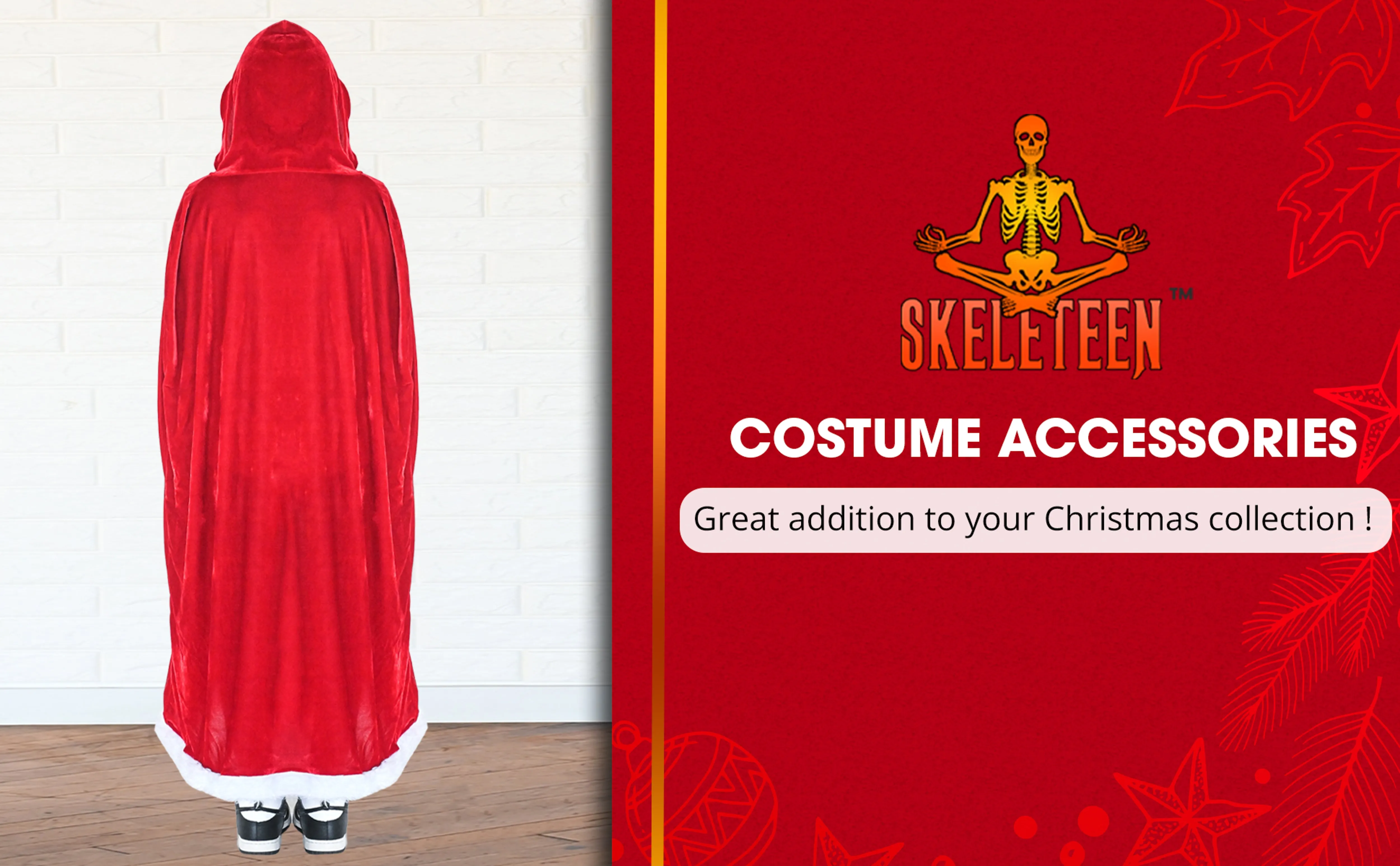 Skeleteen Red Velvet Santa Cape - Long Red Velour Hooded Cloak with White Fur Trimming Christmas Holiday Santa Claus and Mrs Claus Costume Robe with Hood - For Adults and Kids