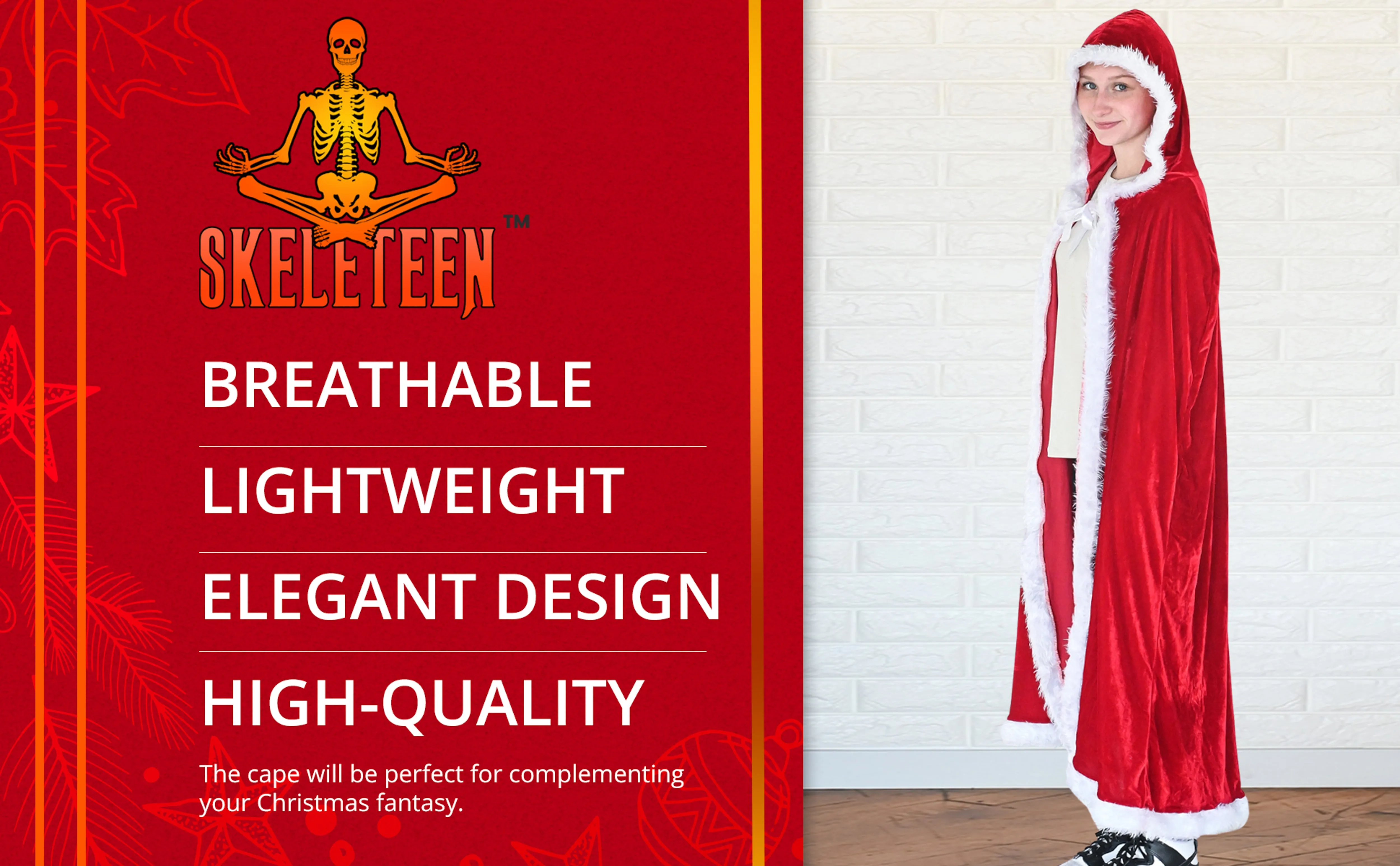 Skeleteen Red Velvet Santa Cape - Long Red Velour Hooded Cloak with White Fur Trimming Christmas Holiday Santa Claus and Mrs Claus Costume Robe with Hood - For Adults and Kids