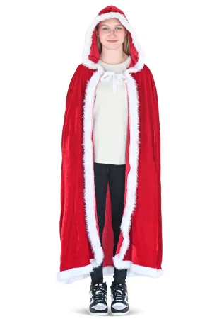 Skeleteen Red Velvet Santa Cape - Long Red Velour Hooded Cloak with White Fur Trimming Christmas Holiday Santa Claus and Mrs Claus Costume Robe with Hood - For Adults and Kids