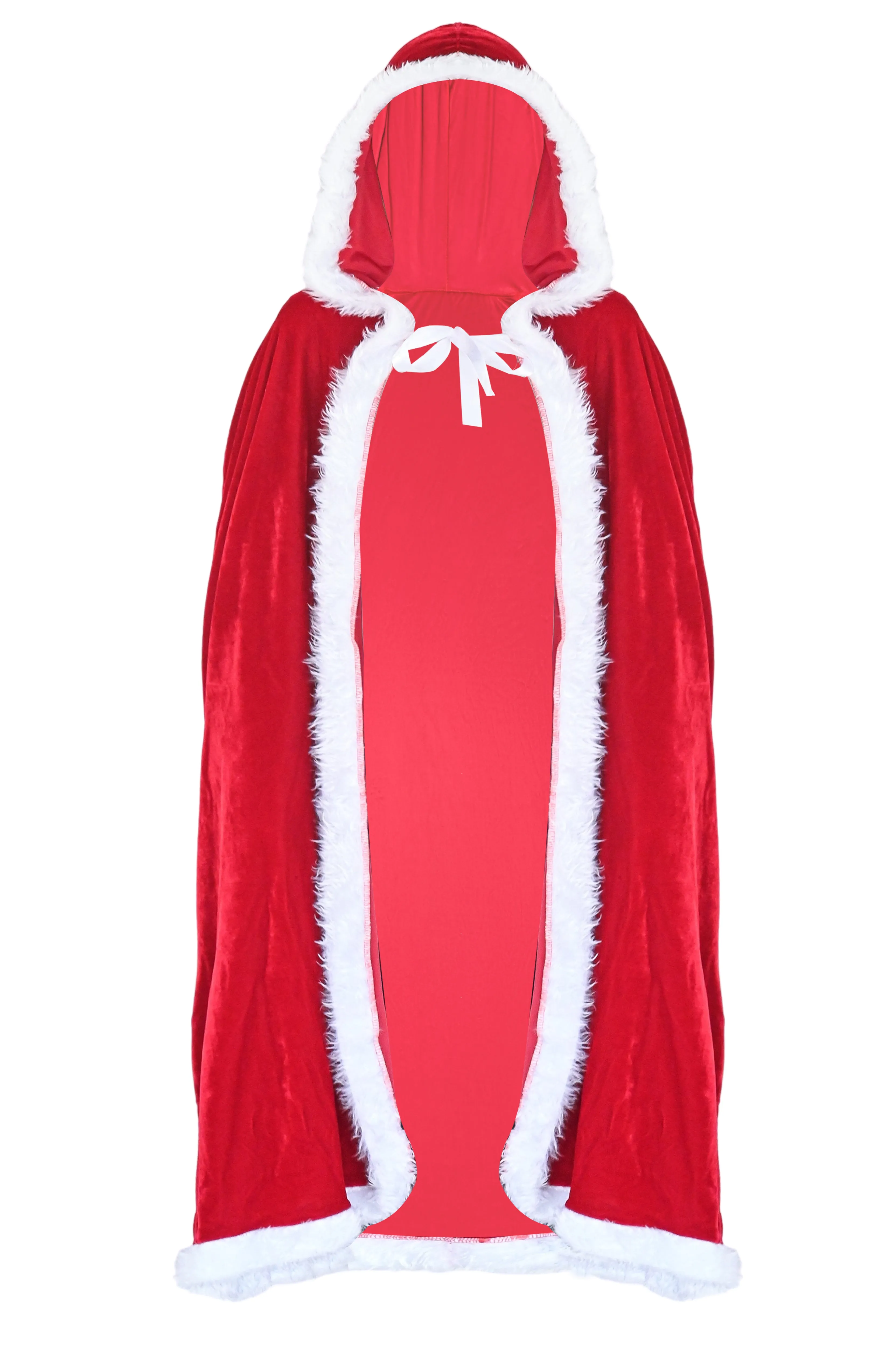 Skeleteen Red Velvet Santa Cape - Long Red Velour Hooded Cloak with White Fur Trimming Christmas Holiday Santa Claus and Mrs Claus Costume Robe with Hood - For Adults and Kids