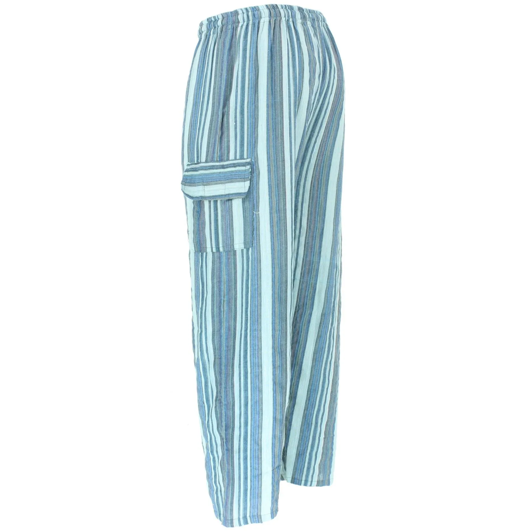 Striped Cotton Cargo Trousers Pants - Light Blue