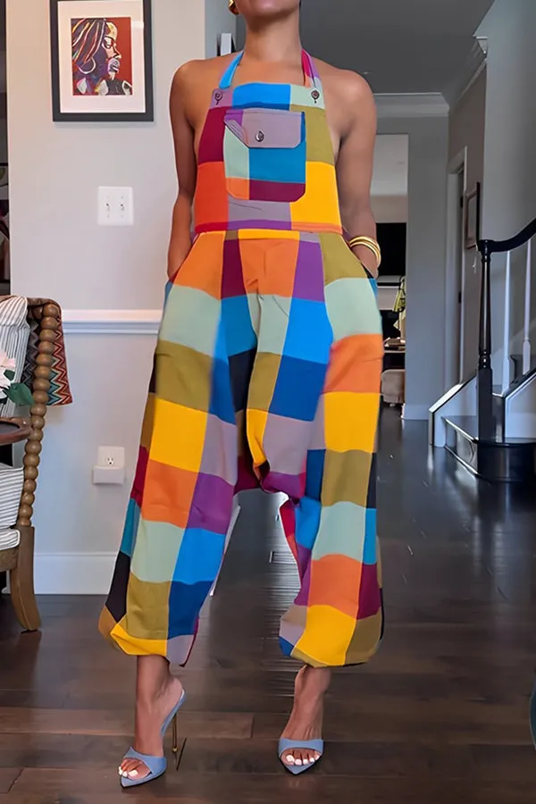 Summer Colourful Colorblock Halter Overalls