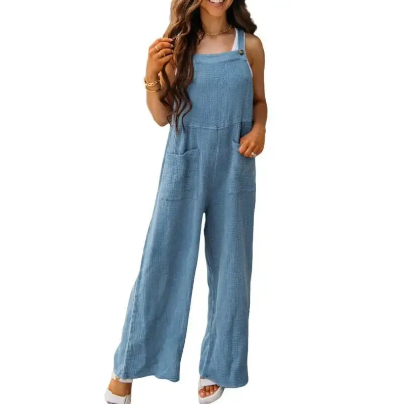 Summer New Women's Casual Solid Color Pocket Square Collar Loose Overalls Jumpsuit Y2k Clothes 2000s Woman Trousers Womens Kpop