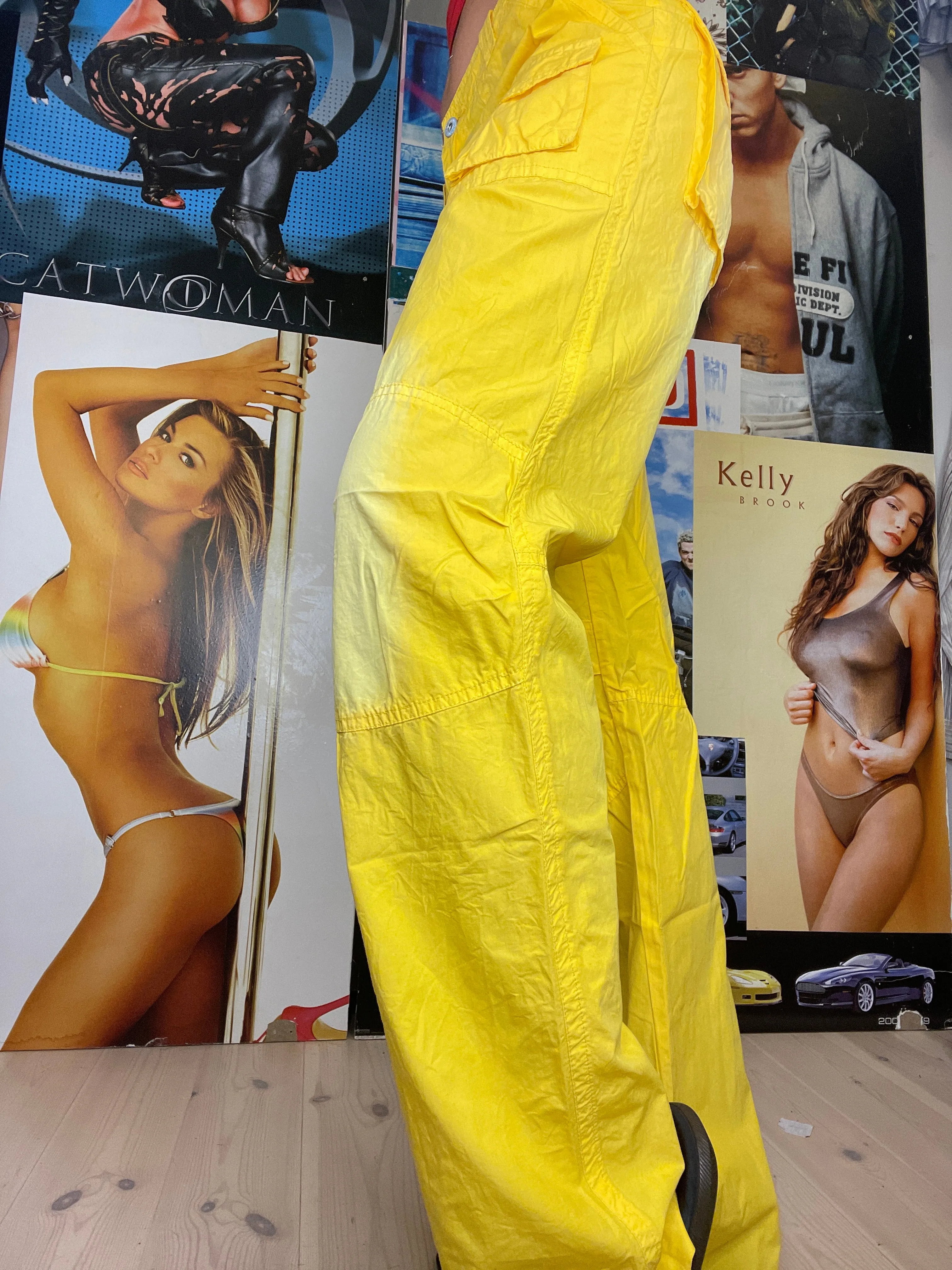 super cool bright yellow brats washed low waist cargo pants