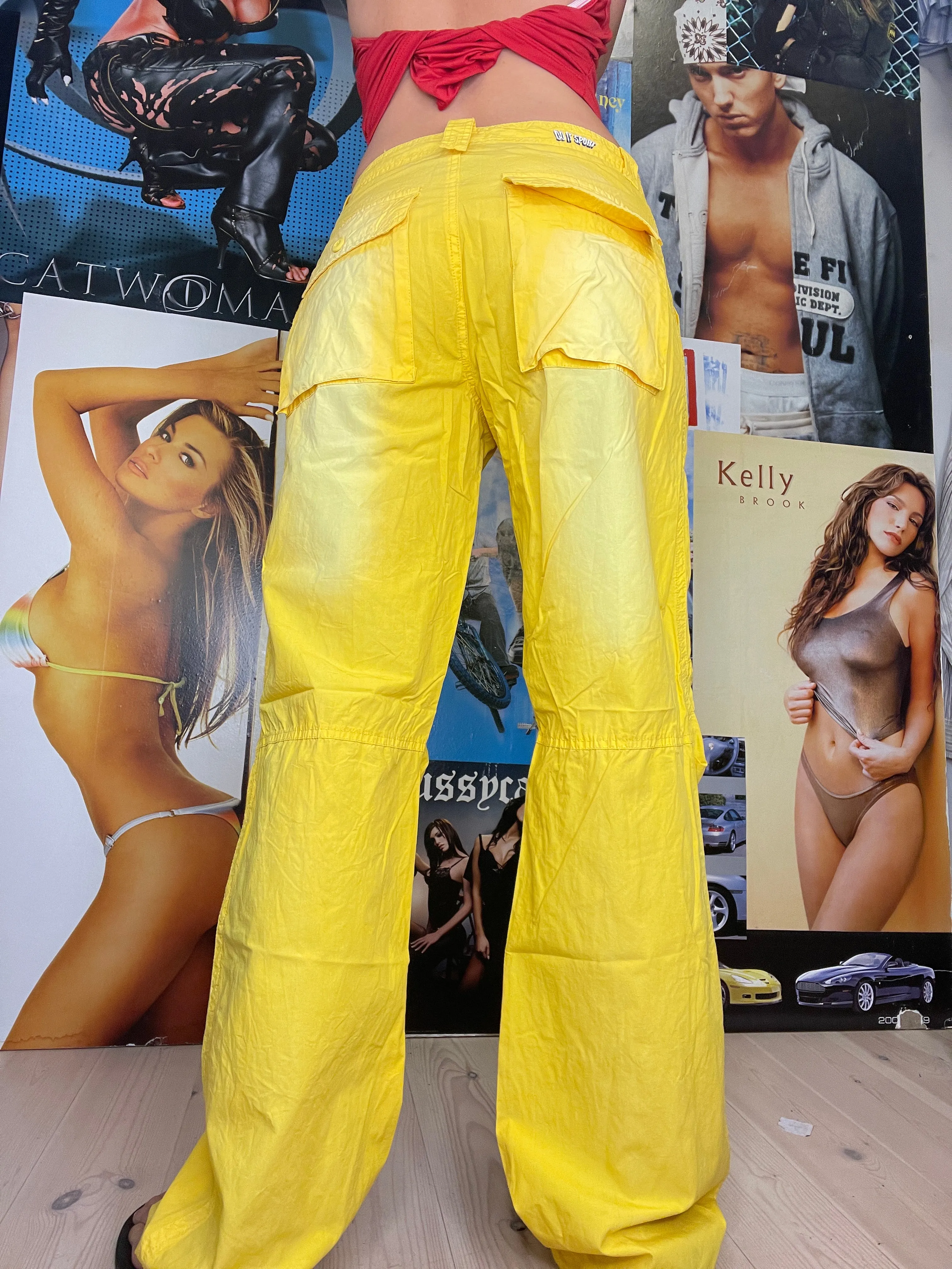 super cool bright yellow brats washed low waist cargo pants