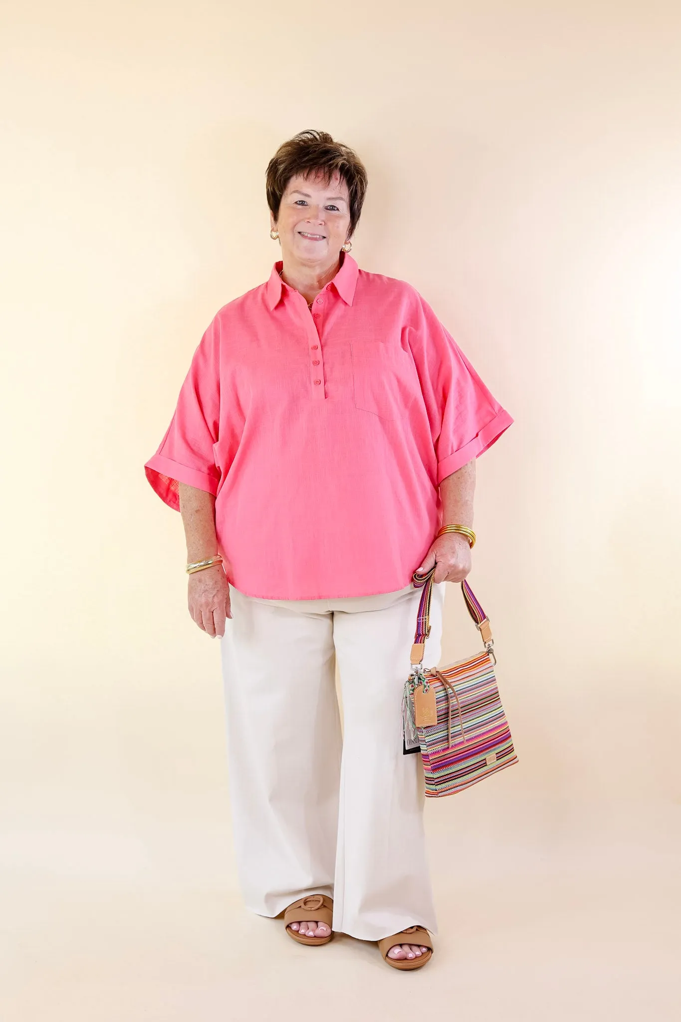 Sweet Surprise Half Button Up Poncho Top with Collared Neckline in Coral Pink