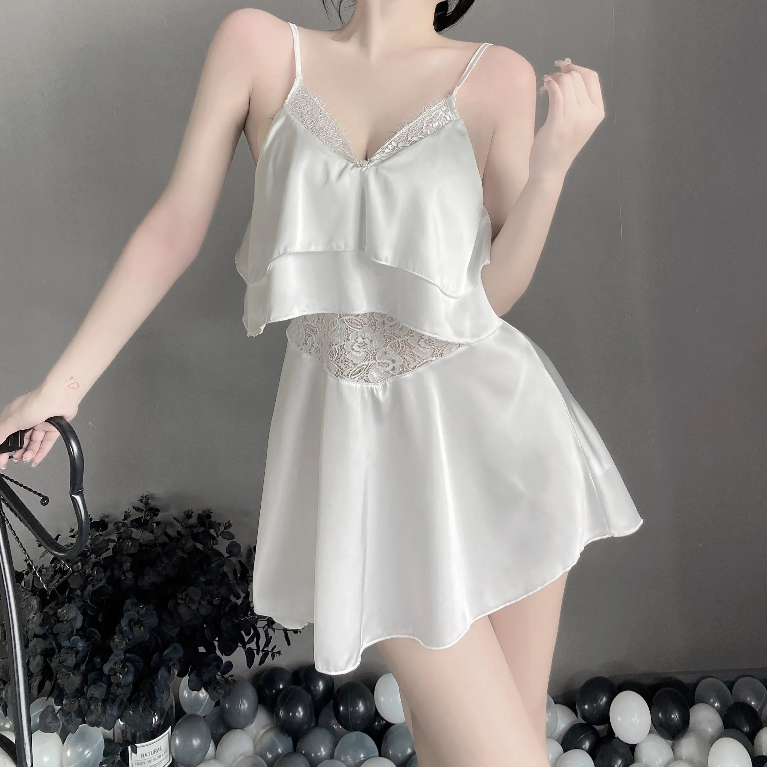 T-2512 Chiffon sheer seduction sweet ruffled slip nightdress set