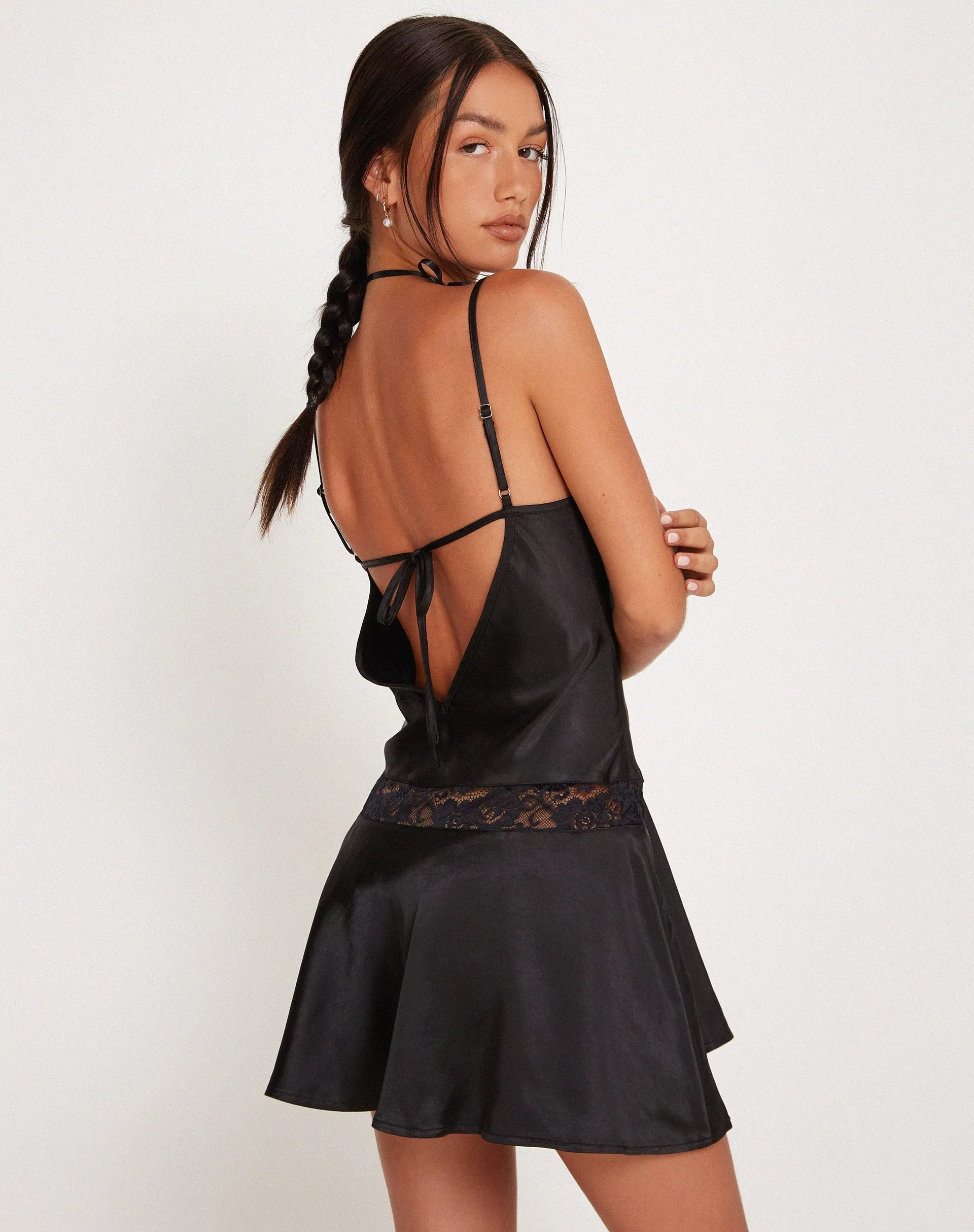 Tahira Mini Slip Dress in Satin Black