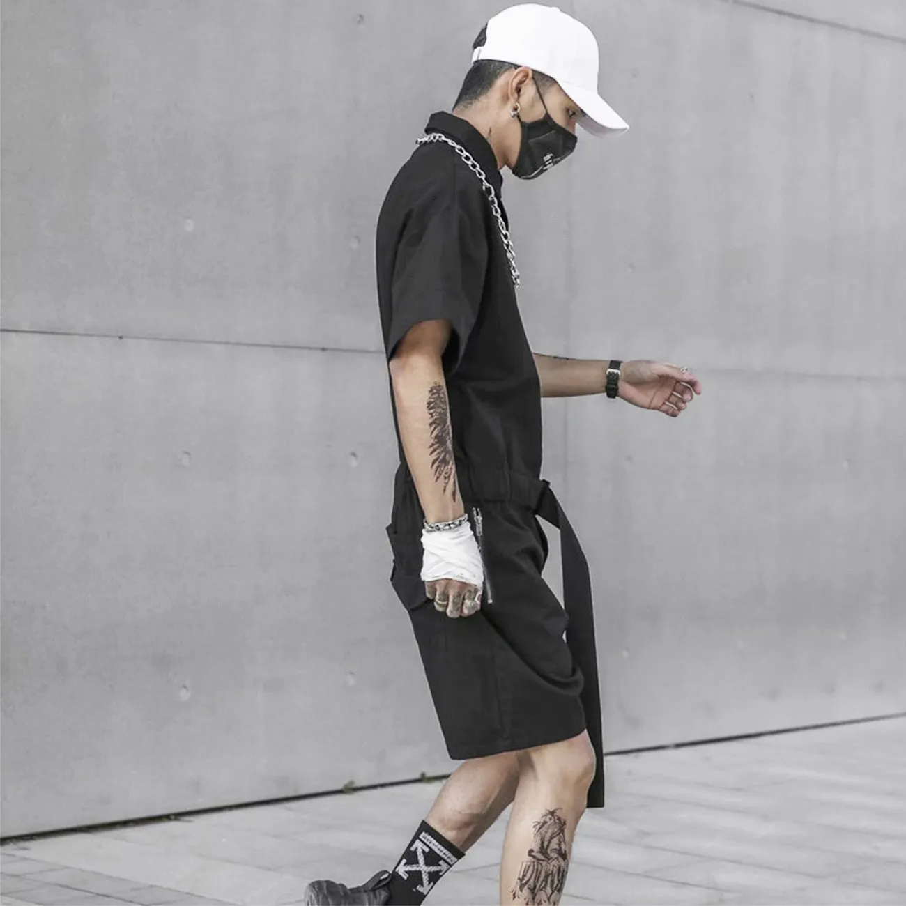 Techwear Button Up Jumpsuit Shorts