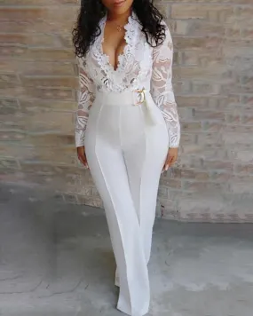 Trendy White Long Sleeve Lace Overall Jumpsuit With Belt