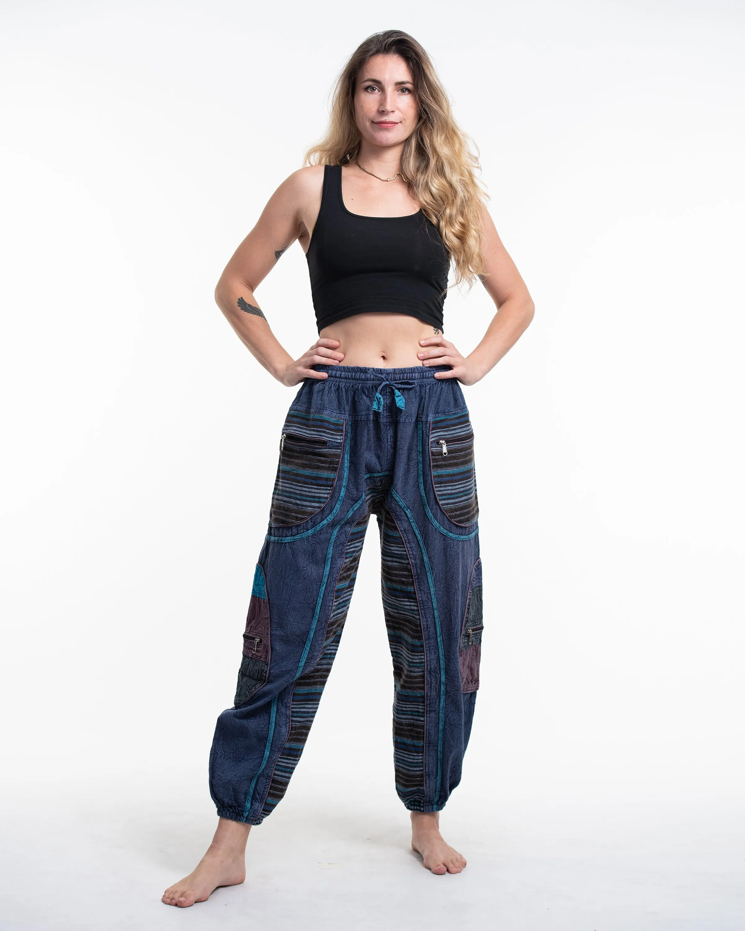 Unisex Patchwork Stone Washed Cargo Cotton Pants in Navy 06