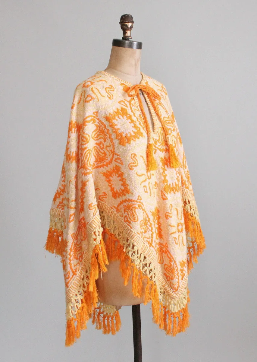 Vintage 1970s Abstract Knit Fringed Poncho