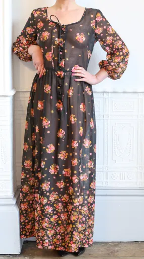 Vintage 1970s Black Floral Muslin Maxi Dress