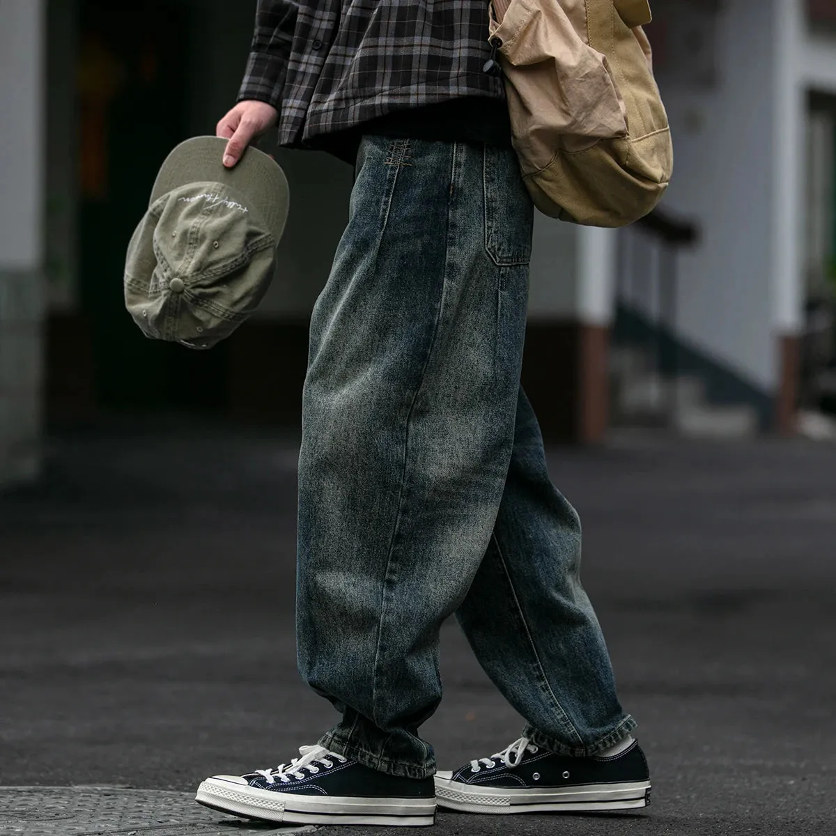 Vintage Denim Cargo Pants Men Streetwear Loose Skate Jeans Casual Harem Trousers