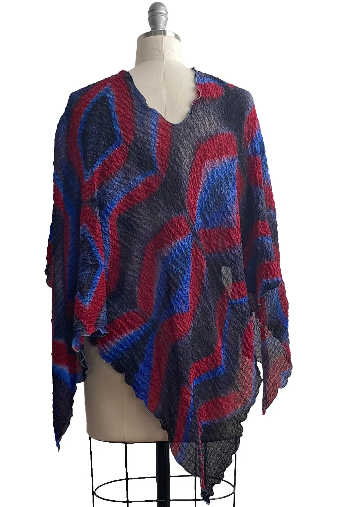 Waffle Silk Poncho w/ Itajime Stick Dye - Red, Black, Blue, Grey