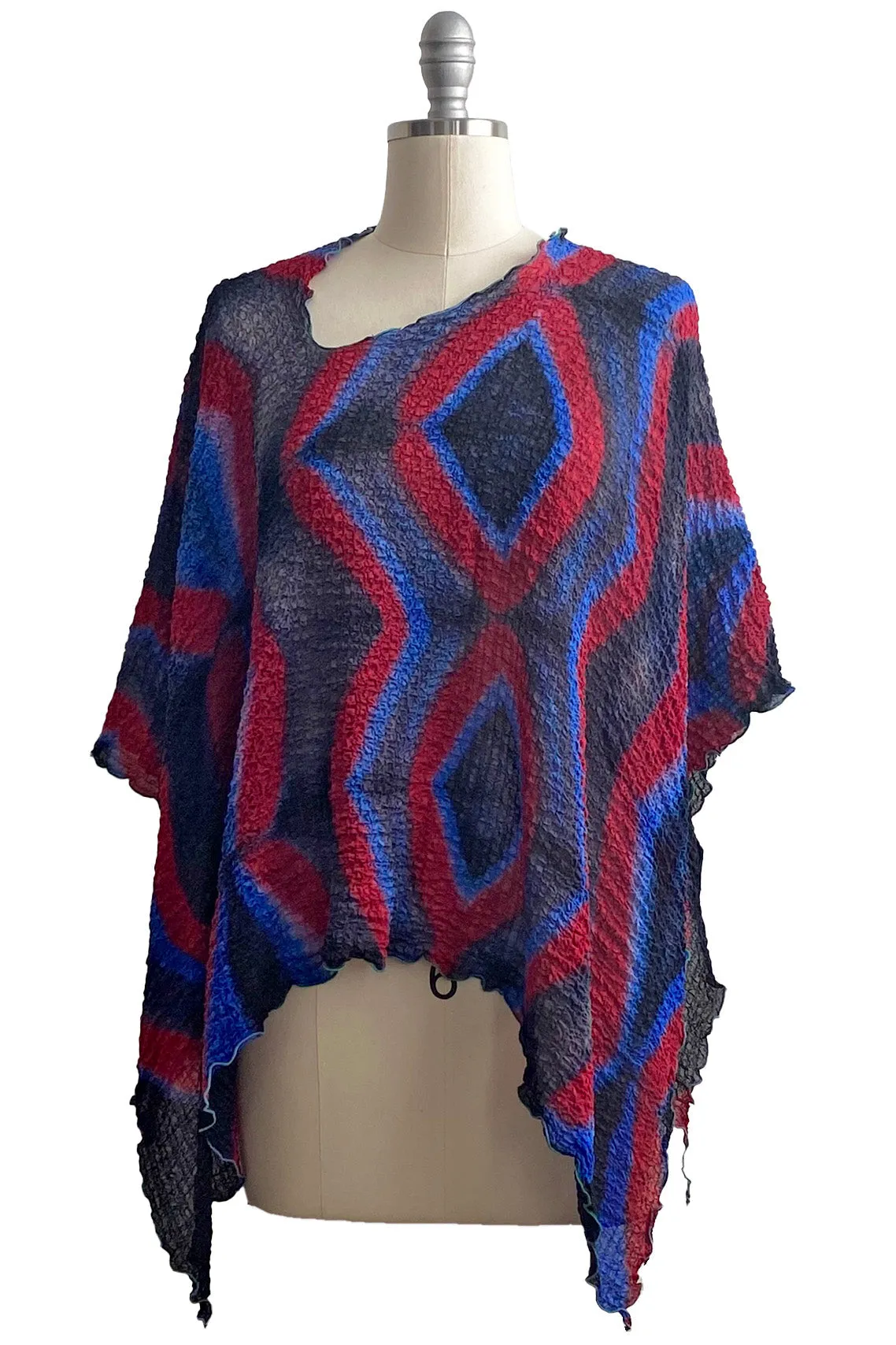 Waffle Silk Poncho w/ Itajime Stick Dye - Red, Black, Blue, Grey