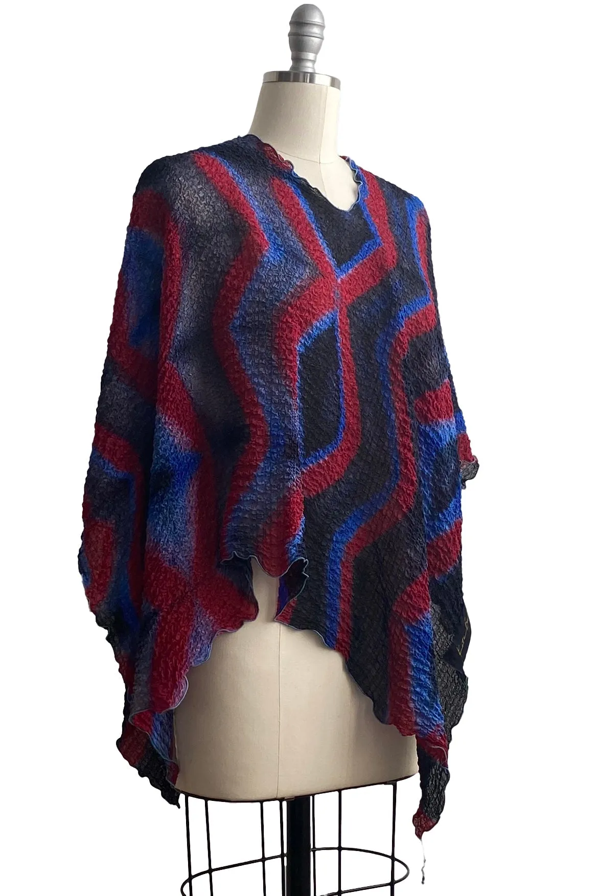 Waffle Silk Poncho w/ Itajime Stick Dye - Red, Black, Blue, Grey