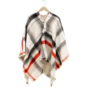 White, Black & Red Plaid 52" x 54" Ruana One Size Fits Most