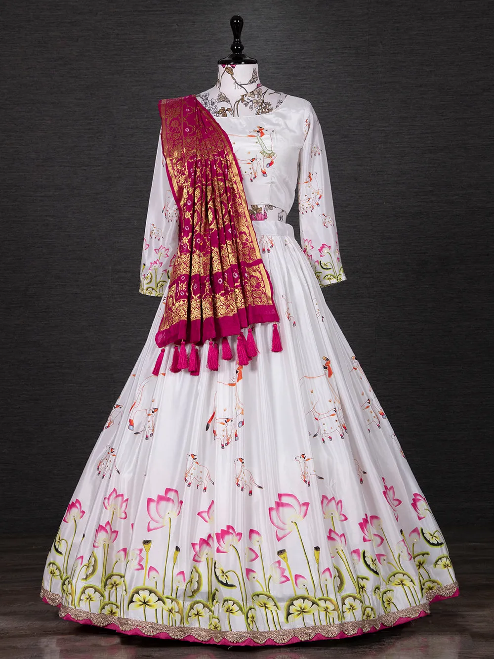 White Color Digital Printed Silk Lehenga Choli Set