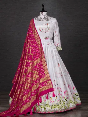 White Color Digital Printed Silk Lehenga Choli Set