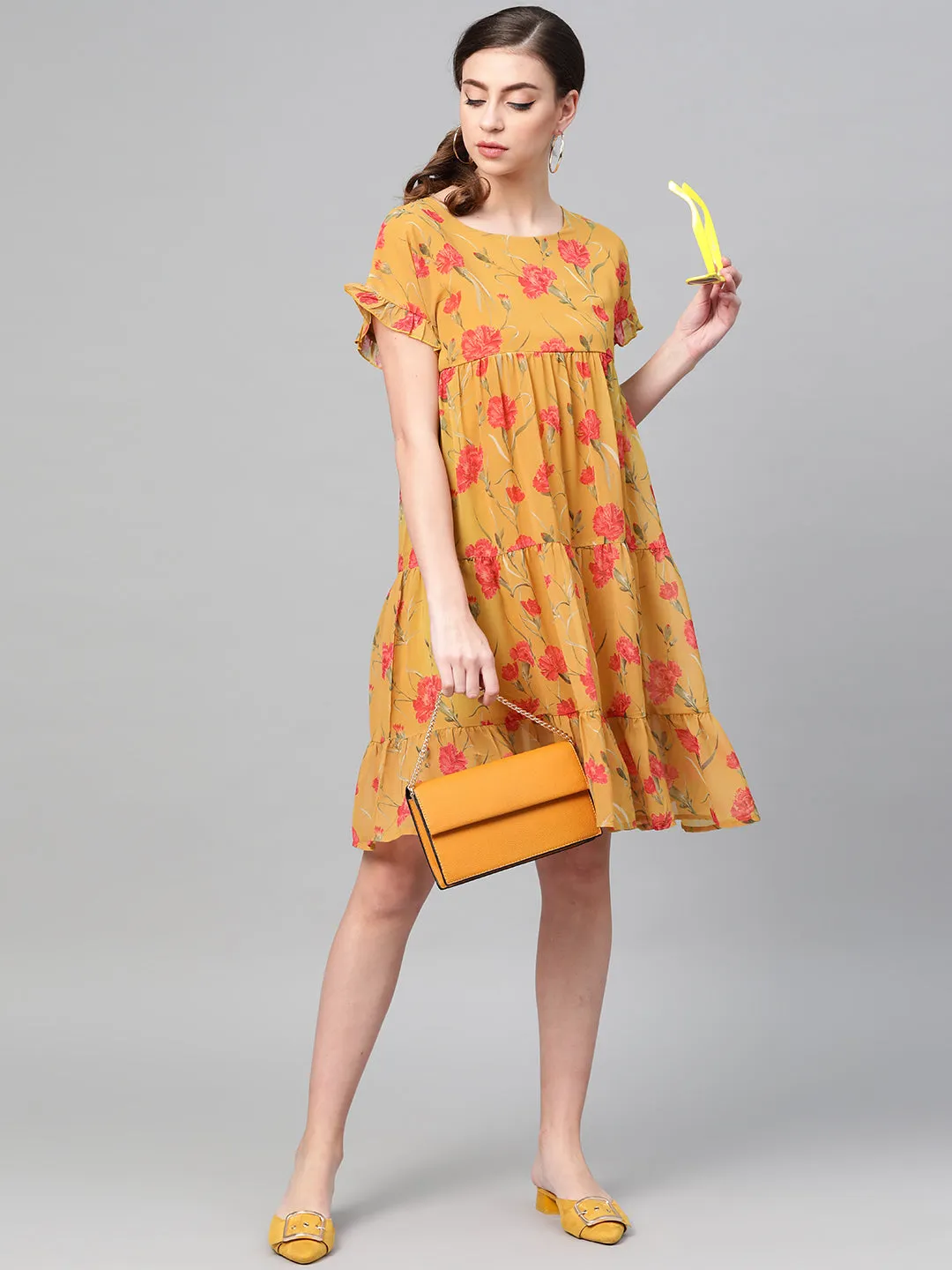 Women Mustard Floral Tiered Trapeze Dress