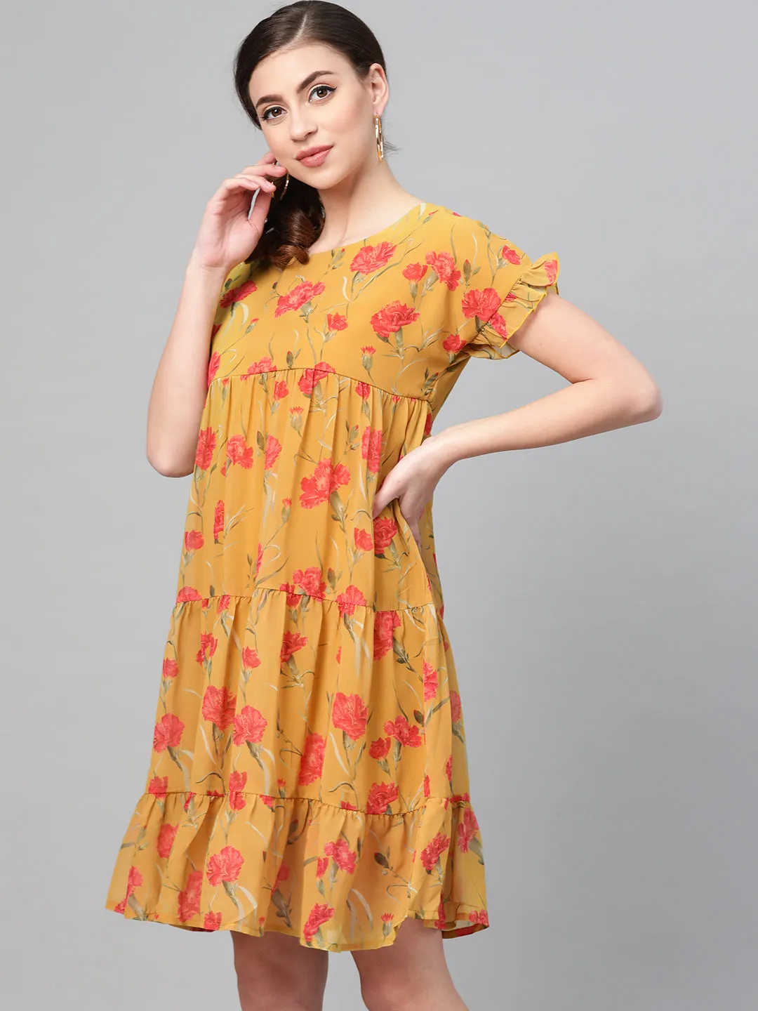 Women Mustard Floral Tiered Trapeze Dress