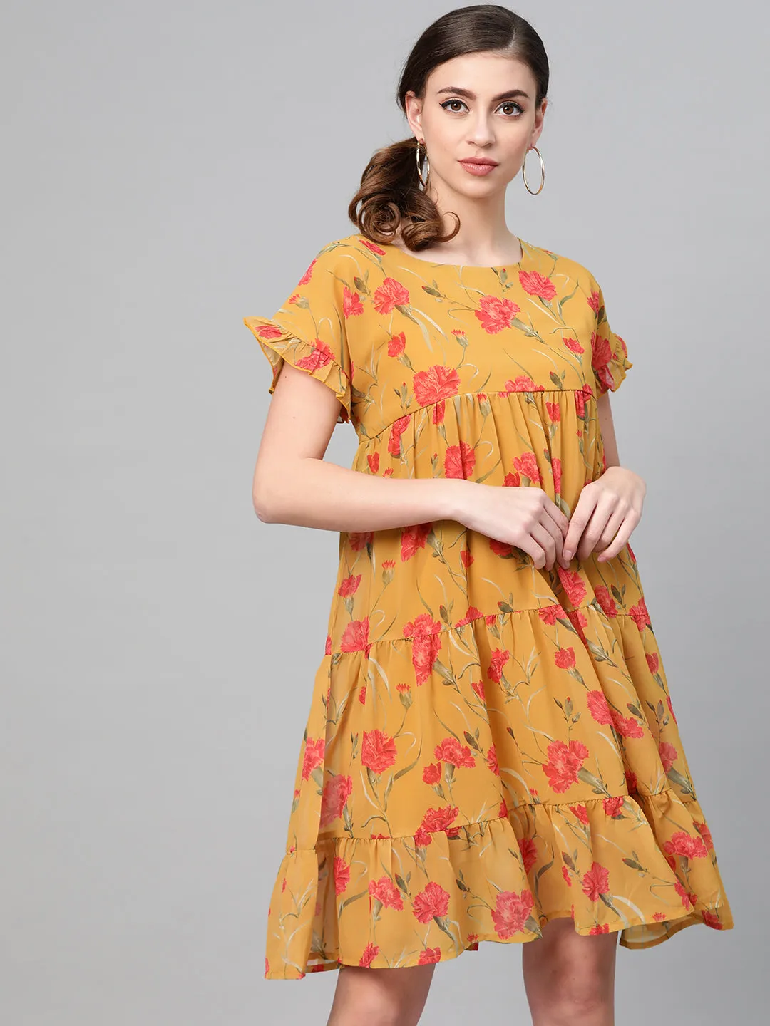 Women Mustard Floral Tiered Trapeze Dress