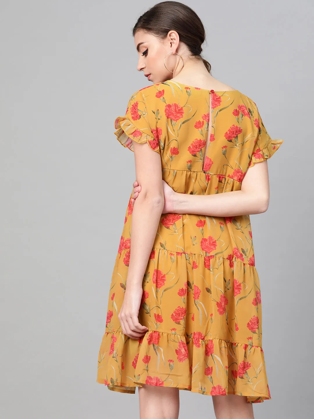 Women Mustard Floral Tiered Trapeze Dress