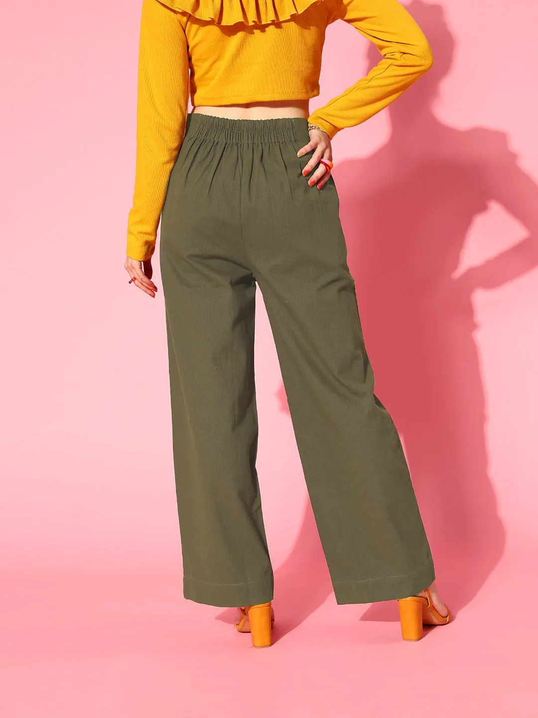 Women Olive Front Button Twill Straight Pants