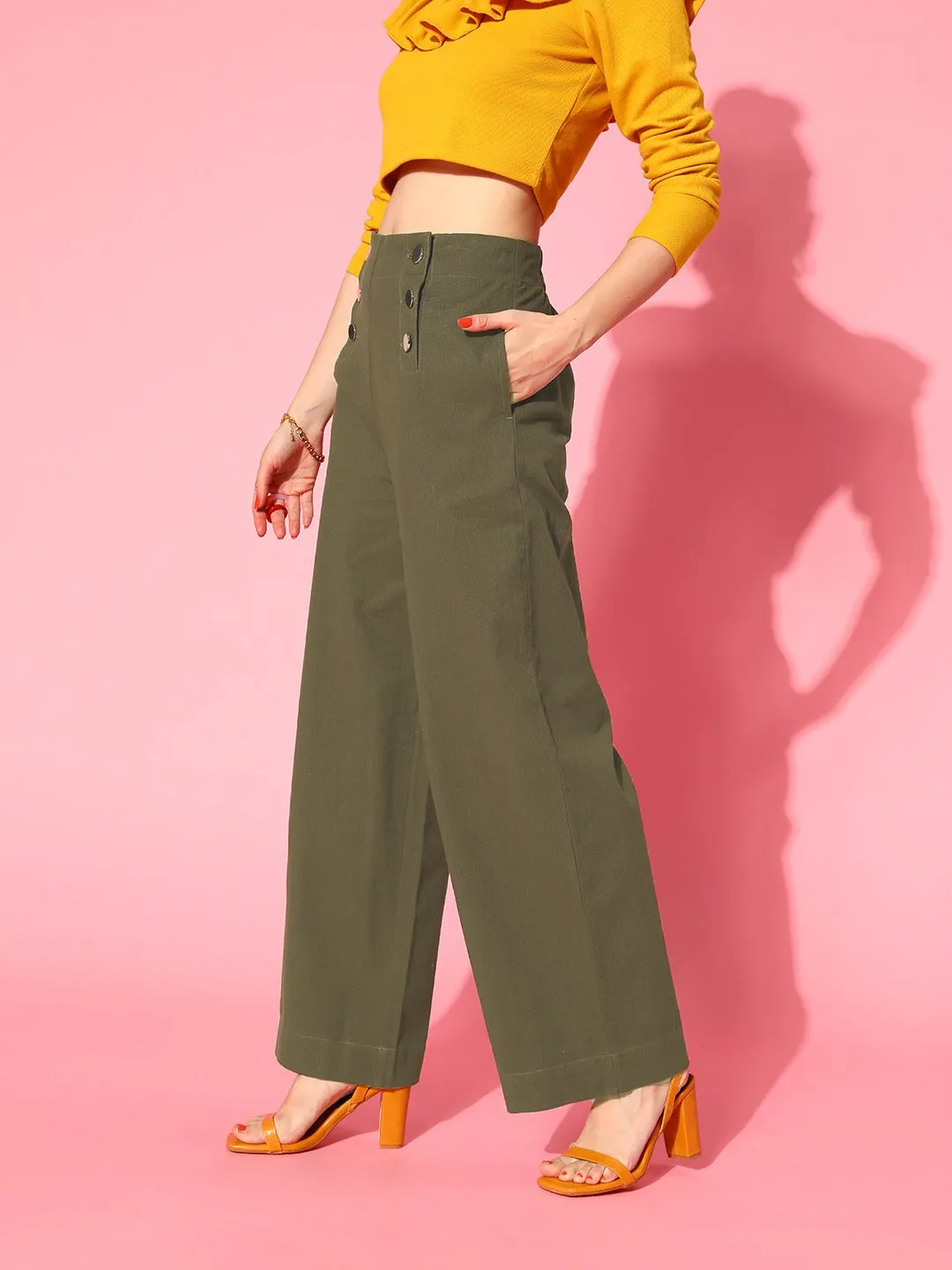 Women Olive Front Button Twill Straight Pants