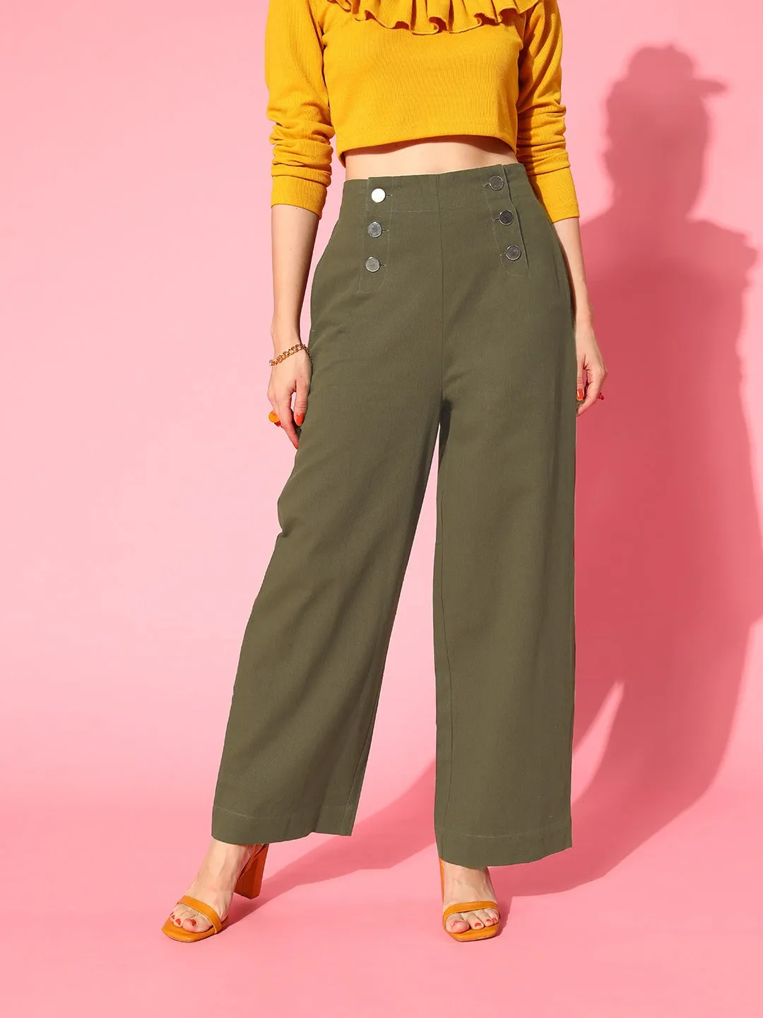 Women Olive Front Button Twill Straight Pants